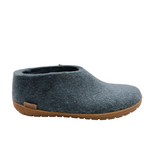 Side view off north sea coloured felt wool Glerup shoe or slipper with natural rubber sole. Shop slippers online and instore with shoe&me Mount Maunganui.