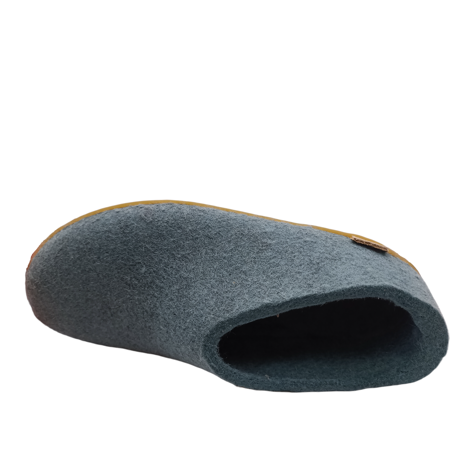 Top view off north sea coloured felt wool Glerup shoe or slipper with natural rubber sole. Shop slippers online and instore with shoe&amp;me Mount Maunganui.