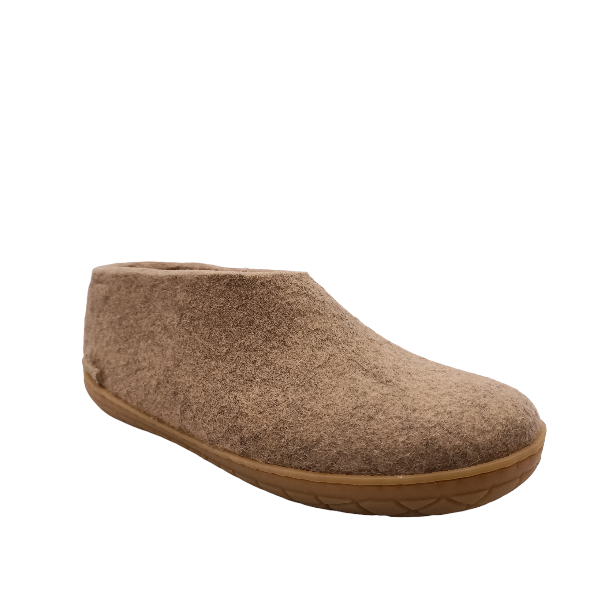 Front angle view off sand coloured felt wool Glerup shoe or slipper. Shop slippers online and instore with shoe&me Mount Maunganui.