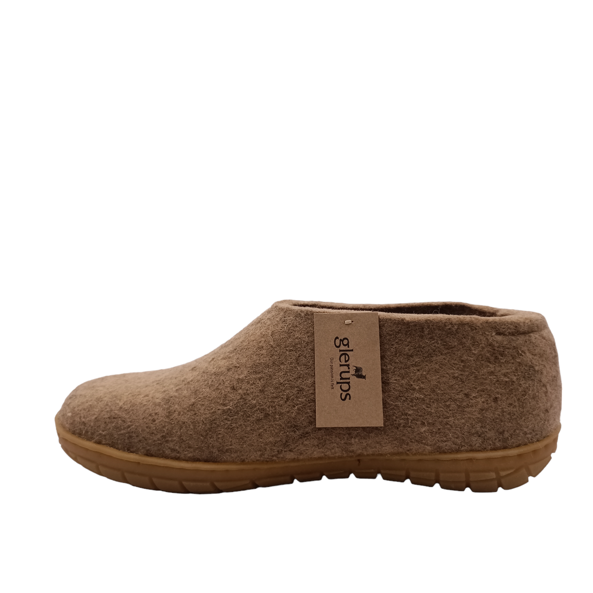 Side angle view off sand coloured felt wool Glerup shoe or slipper. Shop slippers online and instore with shoe&amp;me Mount Maunganui.