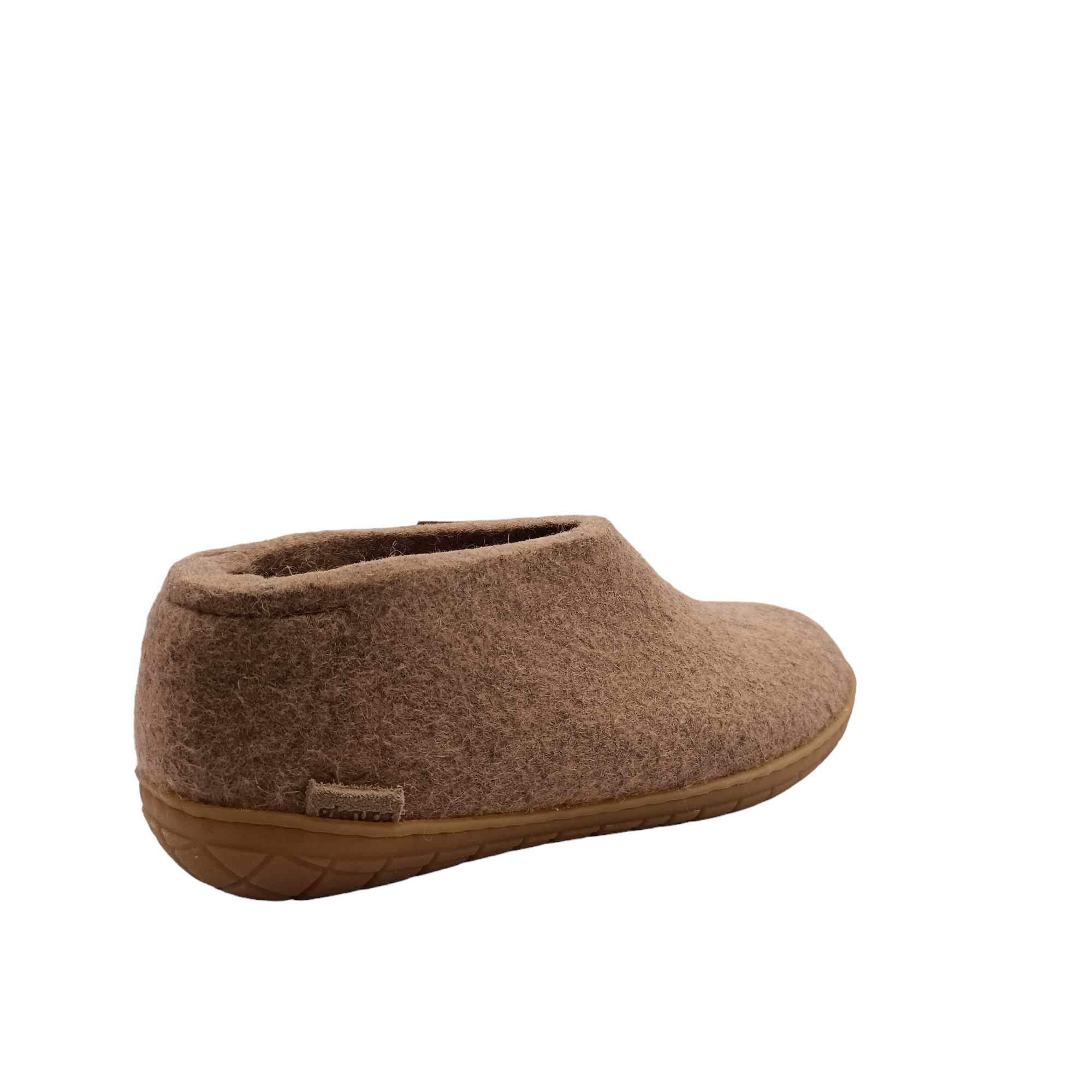 Back angle view off sand coloured felt wool Glerup shoe or slipper with natural rubber sole. Shop slippers online and instore with shoe&me Mount Maunganui.