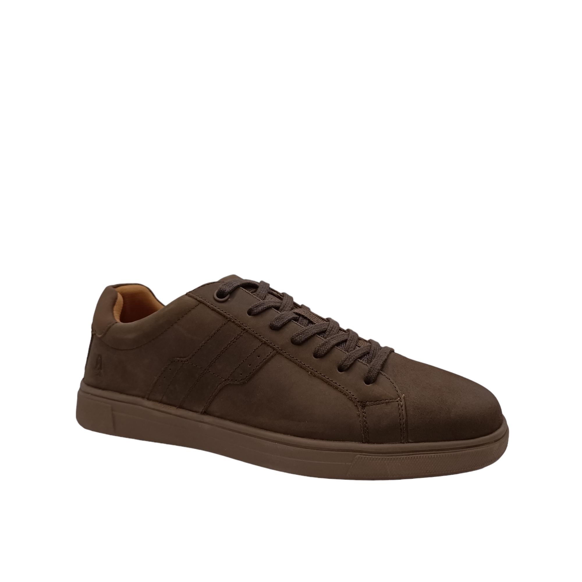 Gravity Leather from Hush Puppies. side angled view of brown oiled leather lace up shoe with dark brown flat laces. Lightening pattern from laces down to dark brown sole. Shop Online and In-store with shoe&me Mount Maunganui