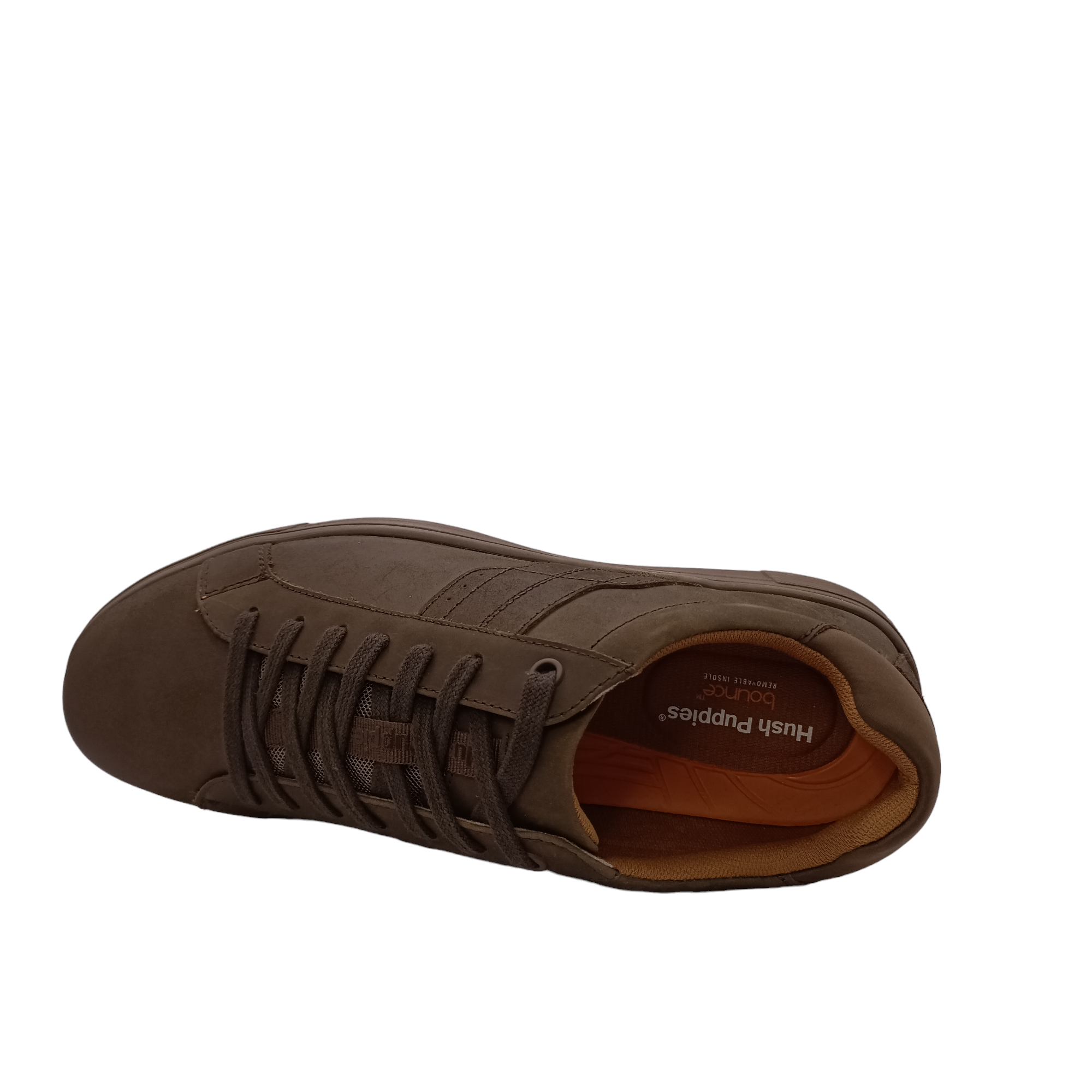 Gravity Leather from Hush Puppies.  Top view of brown oiled leather lace up shoe with dark brown flat laces. Lightening pattern from laces down to dark brown sole. Shop Online and In-store with shoe&amp;me Mount Maunganui