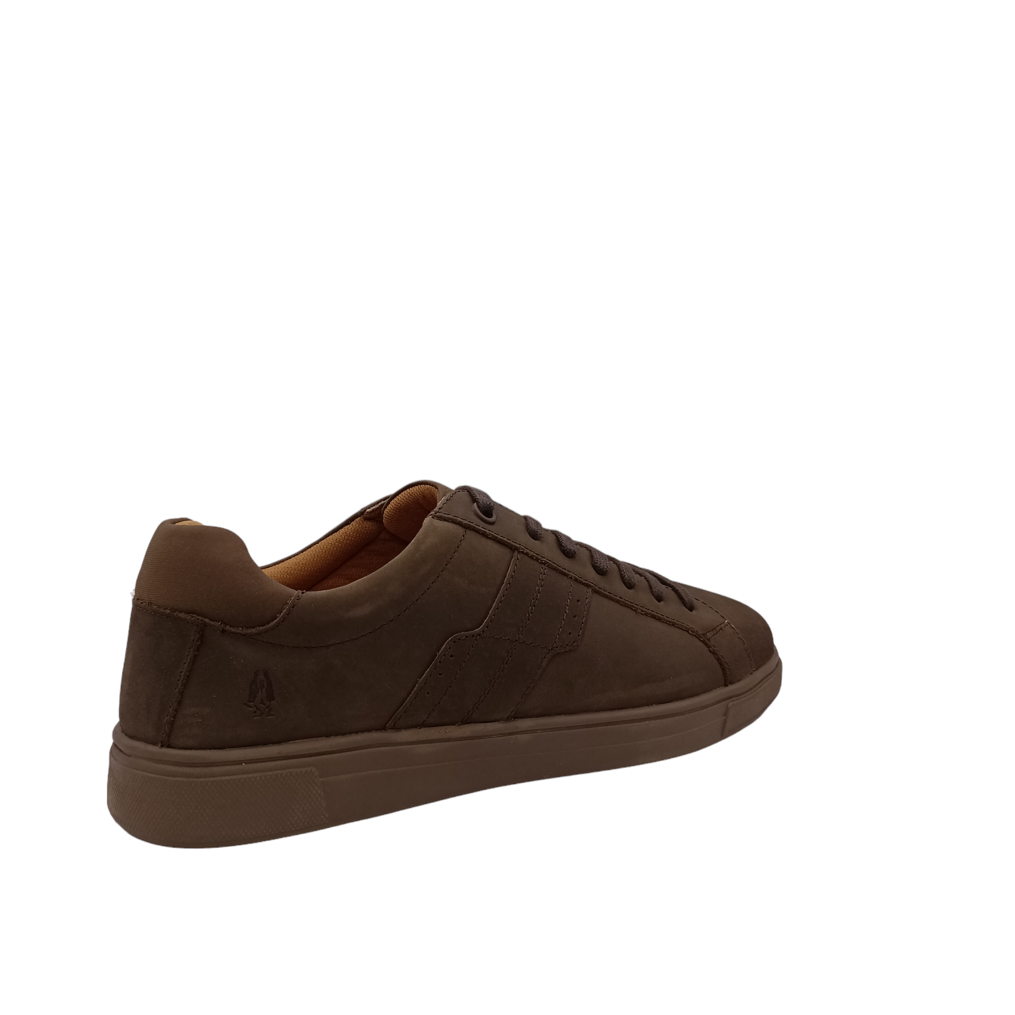 Gravity Leather from Hush Puppies.  back angled view of brown oiled leather lace up shoe with dark brown flat laces. Lightening pattern from laces down to dark brown sole. Shop Online and In-store with shoe&me Mount Maunganui