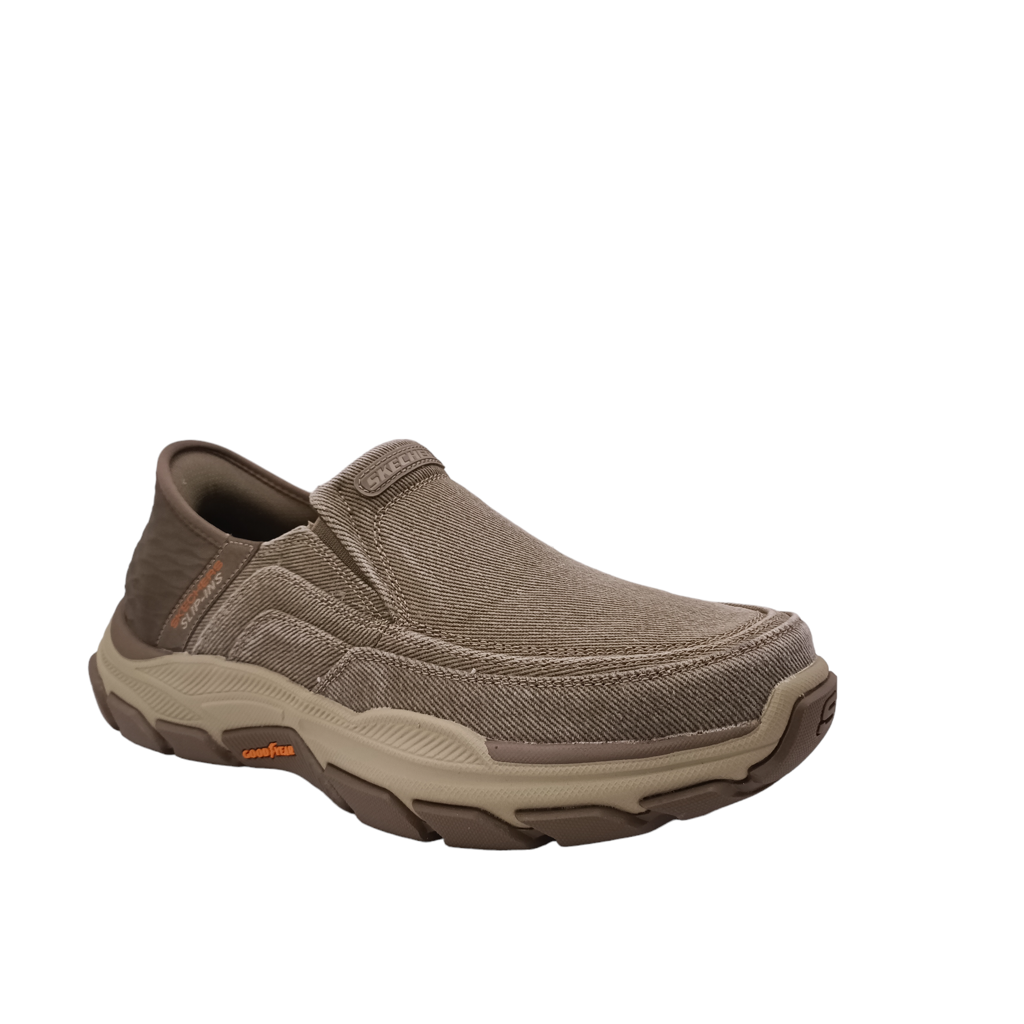 Holmgren from Skechers. Side angled view of shoe with slip-in technology on the heel, a firm and cushioned heel for easy entry without hands. Rugged looked sole with a synthetic upper with visible stitching. Wide fitting with two small external gussets. Shop Online and in-store with shoe&me Mount Maunganui Tauranga