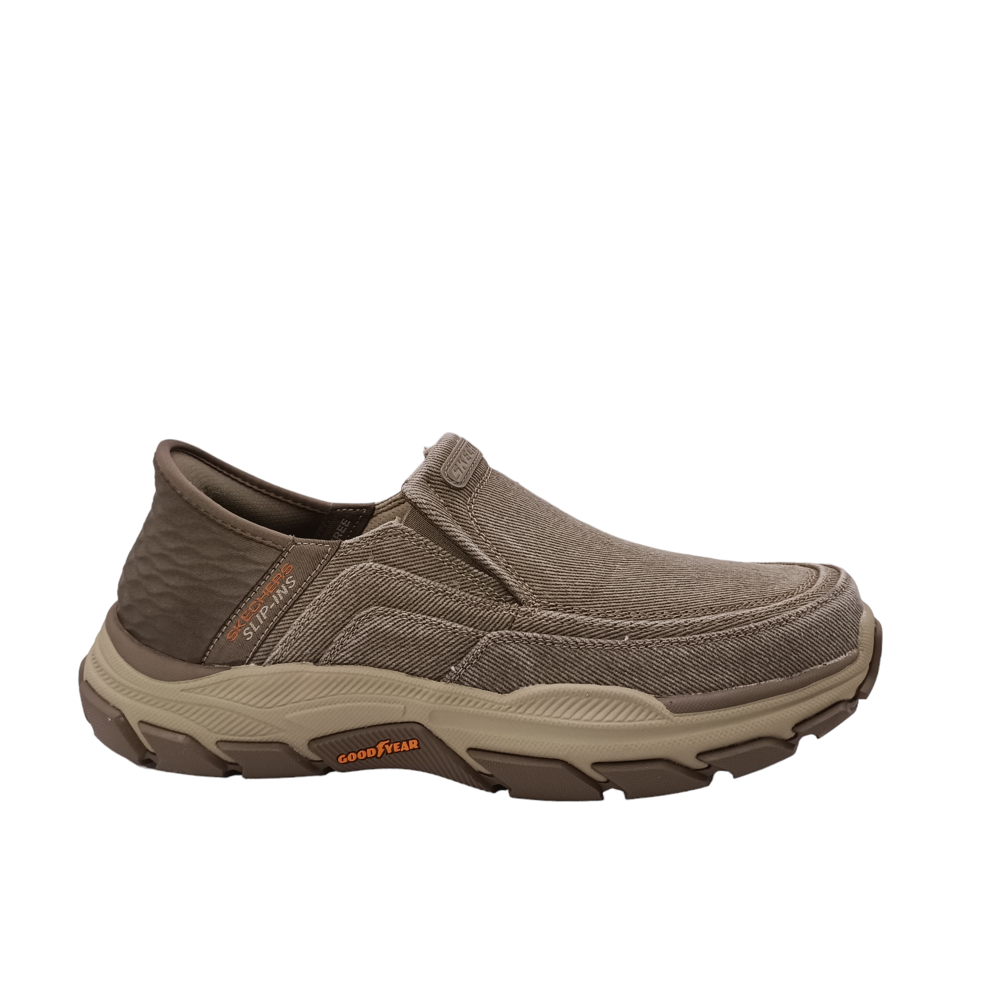 Holmgren from Skechers. Side angled view of shoe with slip-in technology on the heel, a firm and cushioned heel for easy entry without hands. Rugged looked sole with a synthetic upper with visible stitching. Wide fitting with two small external gussets. Shop Online and in-store with shoe&me Mount Maunganui Tauranga