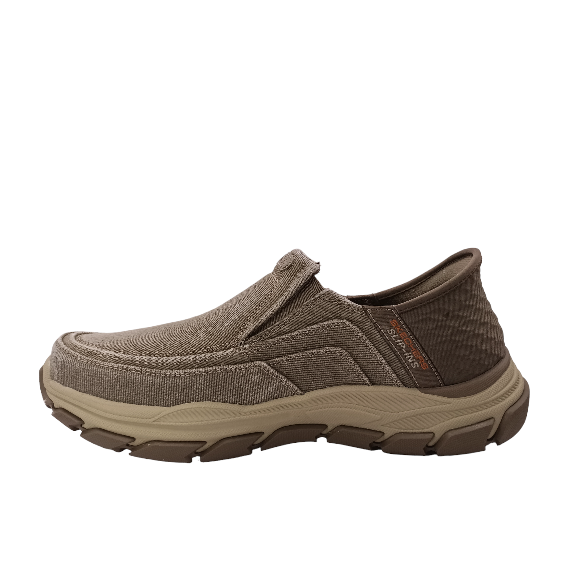 Holmgren from Skechers. Inner side view of shoe with slip-in technology on the heel, a firm and cushioned heel for easy entry without hands. Rugged looked sole with a synthetic upper with visible stitching. Wide fitting with two small external gussets. Shop Online and in-store with shoe&me Mount Maunganui Tauranga