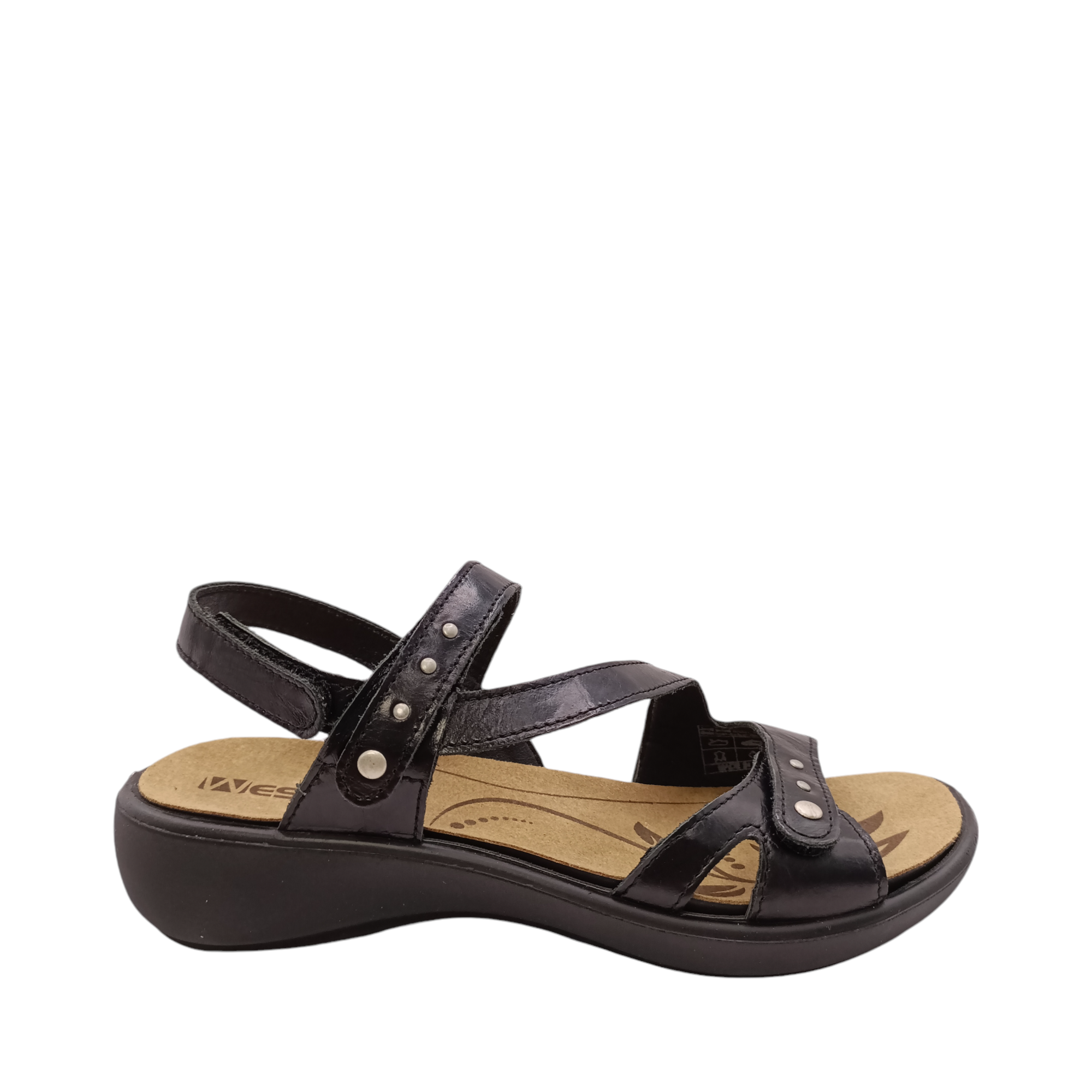 Side view of Ibiza 70 Sandal from Westland- part of Josef Sebiel. Black leather straps. 3 adjustable straps with sturdy hook and loops. Shop Womens Summer sandals online and in-store with shoe&amp;me Mount Maunganui NZ