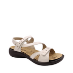 Front view of Ibiza 70 Sandal from Westland- part of Josef Seibel. Off-white leather straps. 3 adjustable straps with sturdy hook and loops. Shop Womens Summer sandals online and in-store with shoe&me Mount Maunganui NZ