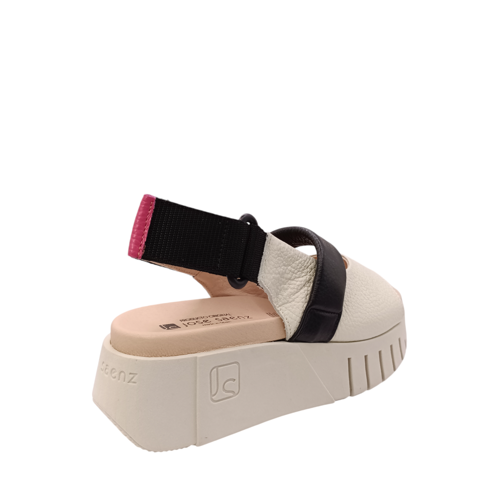 Back side view of the Jacky the bone coloured leather platform sandal from Jose Saenz. Open toe sandal with a black top of foot strap  over the top of the foot with an adjustable velcro back strap. Shop Womens Summer platform sandals online and in-store with shoe&me Mount Maunganui.