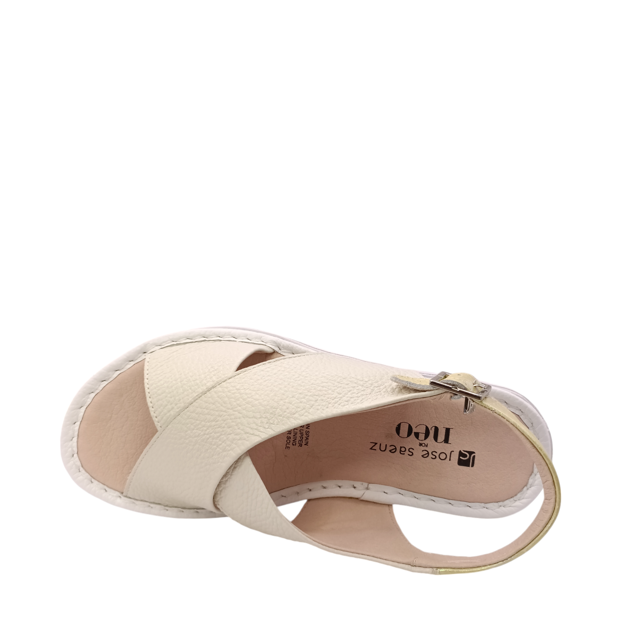 Top view of the bone coloured leather Jayne sandal from Jose Saenz. Criss-crossed straps over the top of the foot with an adjustable back strap. Shop Womens Summer platform sandals online and in-store with shoe&me Mount Maunganui.