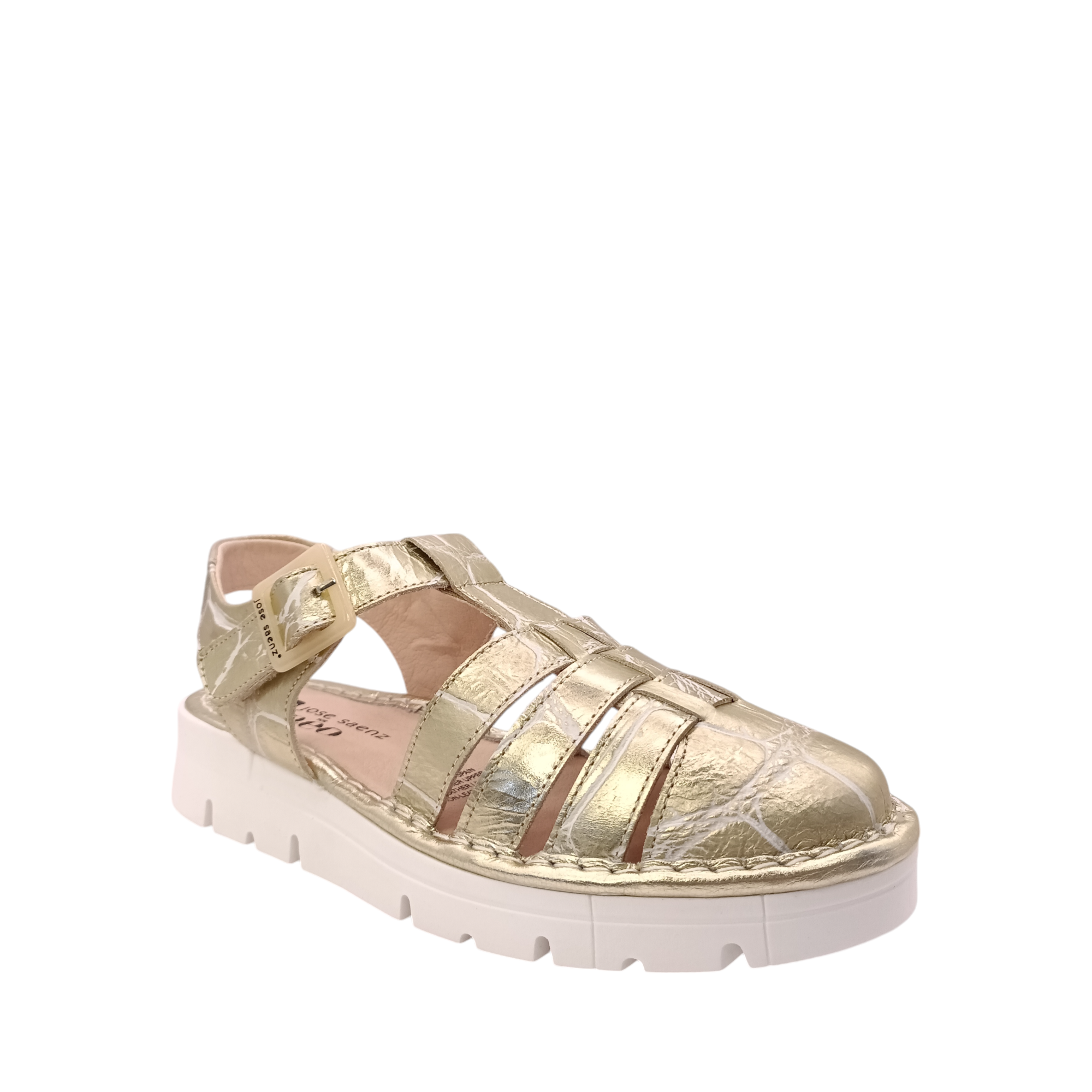 Front view of the gold Jazz covered toe sandal from Jose Saenz. Gold leather sandal with a white distressed cracked look. Shop Womens Summer covered toe platform sandals online and in-store with shoe&me Mount Maunganui.