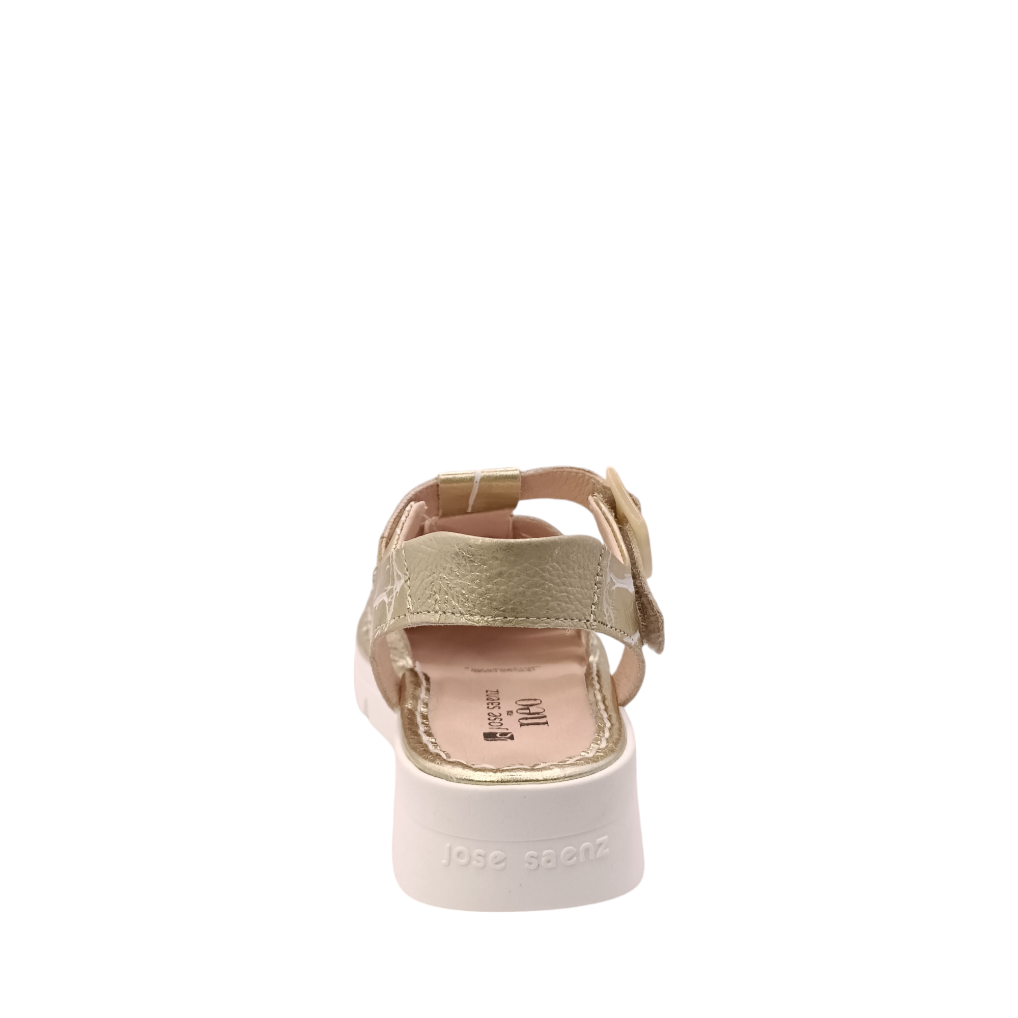 Back view of the gold Jazz covered toe sandal from Jose Saenz. Gold leather sandal with a white distressed cracked look. Shop Womens Summer covered toe platform sandals online and in-store with shoe&me Mount Maunganui.