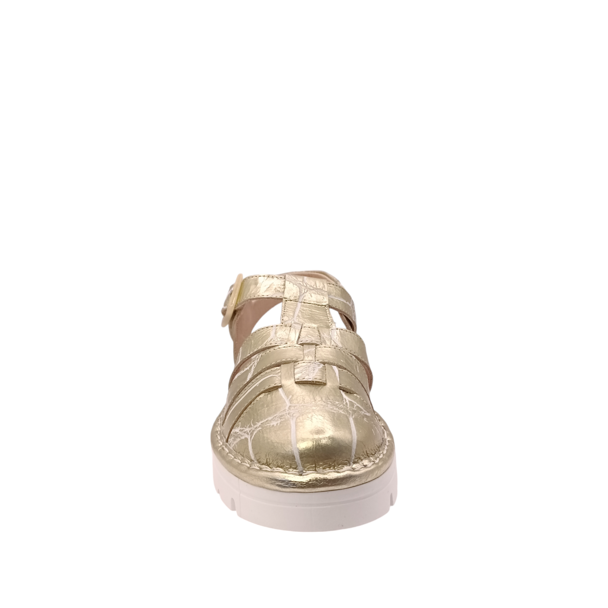 Front view of the gold Jazz covered toe sandal from Jose Saenz. Gold leather sandal with a white distressed cracked look. Shop Womens Summer covered toe platform sandals online and in-store with shoe&me Mount Maunganui.