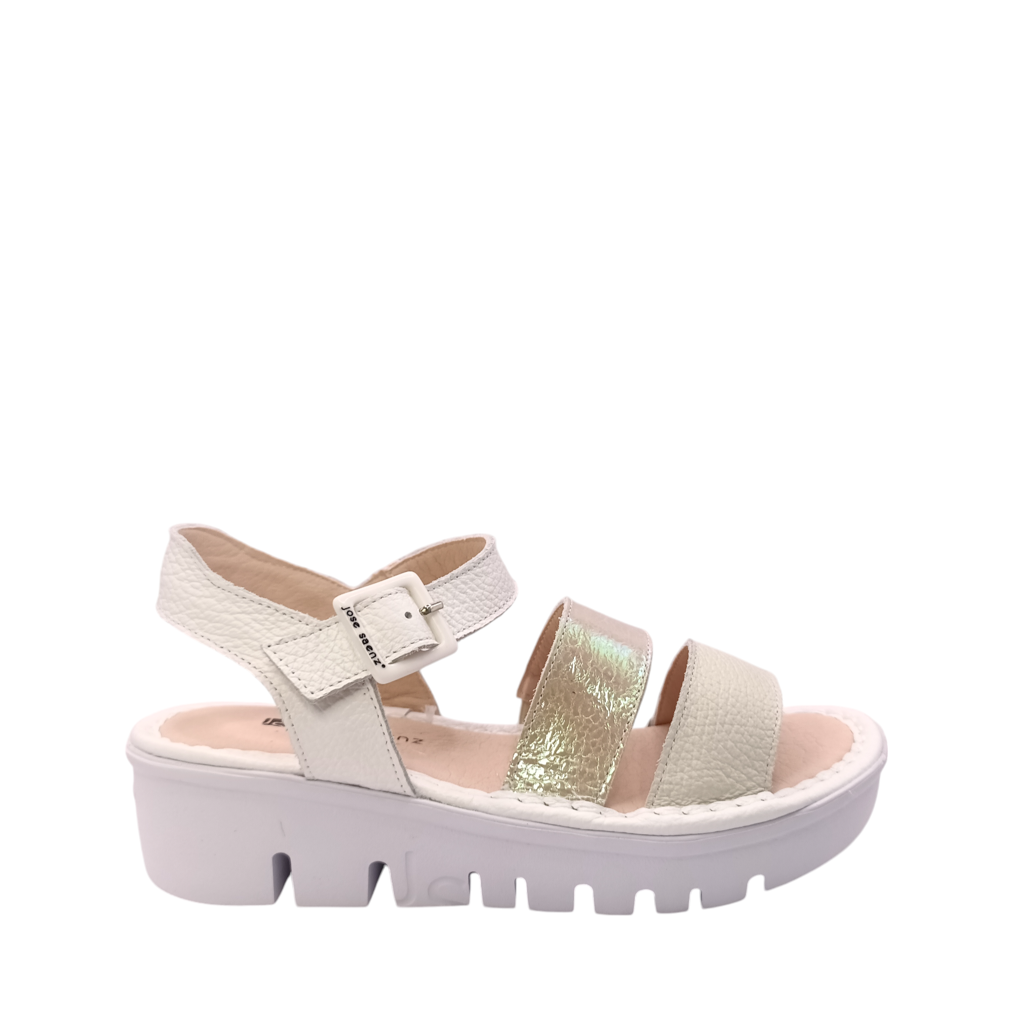 Side view of the Julia Platform sandal from Jose Saenz. White buckle on the ankle strap and beige leather upper over the toes on a leather footbed. A pearl coloured strap over the middle of the foot. White platform sole. Shop Womens Summer Platform Sandals online and in-store with shoe&me Mount Maunganui.