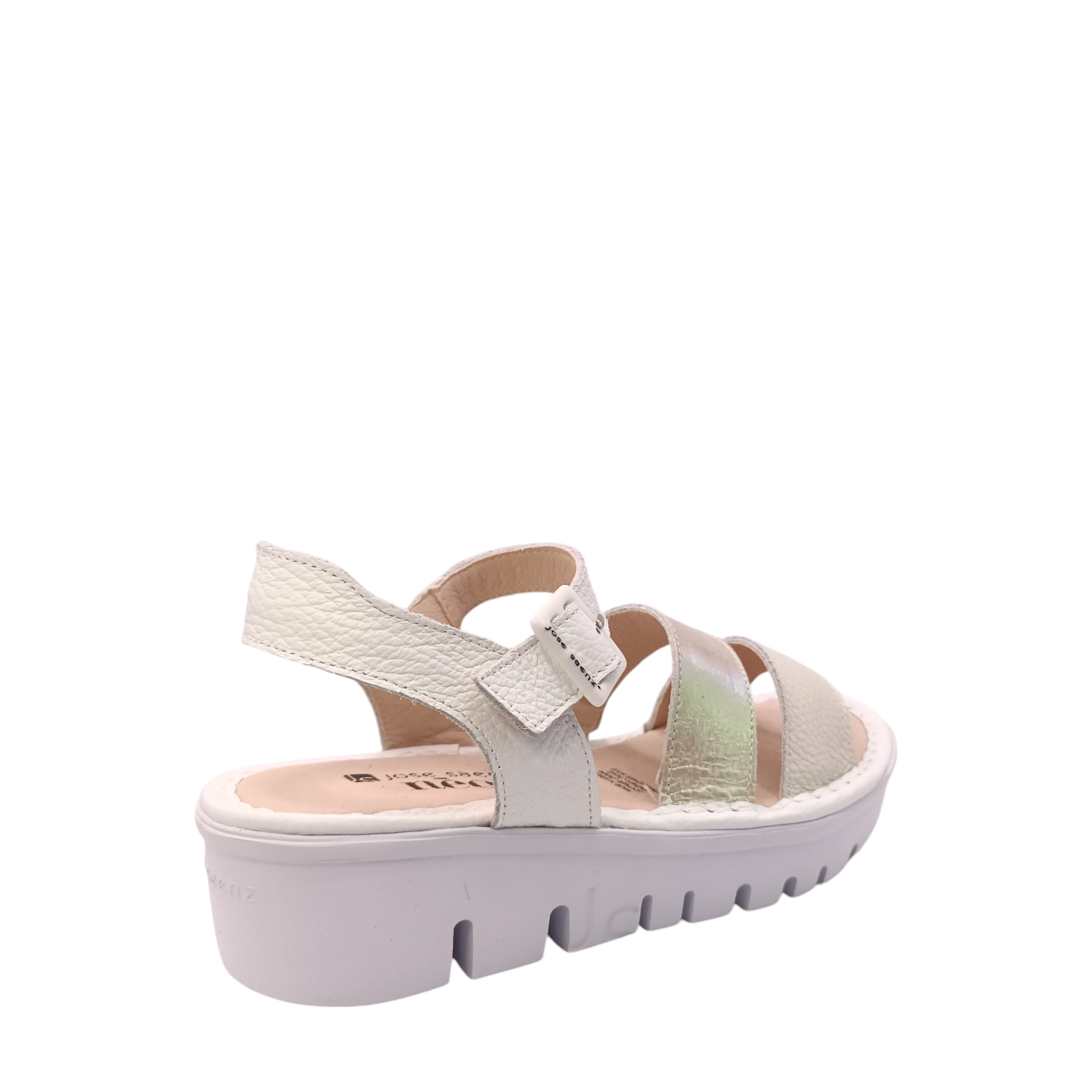 Back angled view of the Julia Platform sandal from Jose Saenz. White ankle strap and beige leather upper over the toes on a leather footbed. A pearl coloured strap over the middle of the foot. White platform sole. Shop Womens Summer Platform Sandals online and in-store with shoe&me Mount Maunganui.