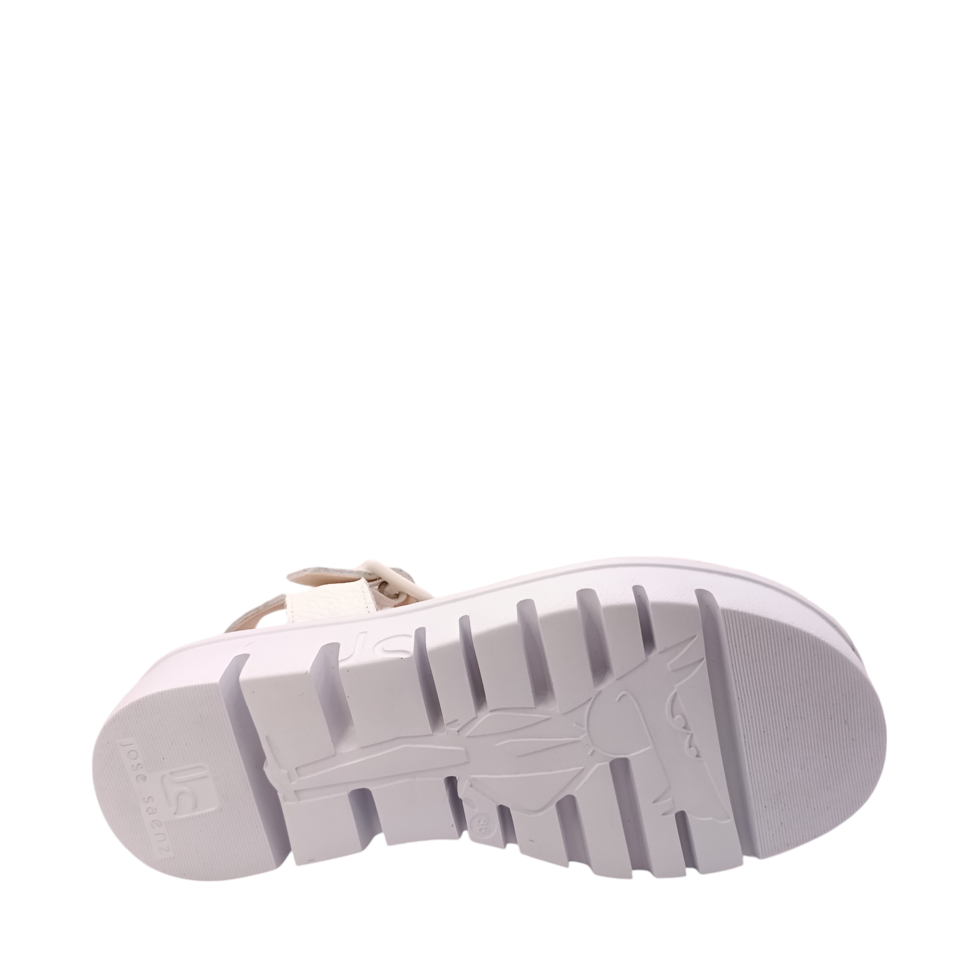 Sole view of the Julia Platform sandal from Jose Saenz. White ankle strap and beige leather upper over the toes on a leather footbed. A pearl coloured strap over the middle of the foot. White platform sole. Shop Womens Summer Platform Sandals online and in-store with shoe&amp;me Mount Maunganui.