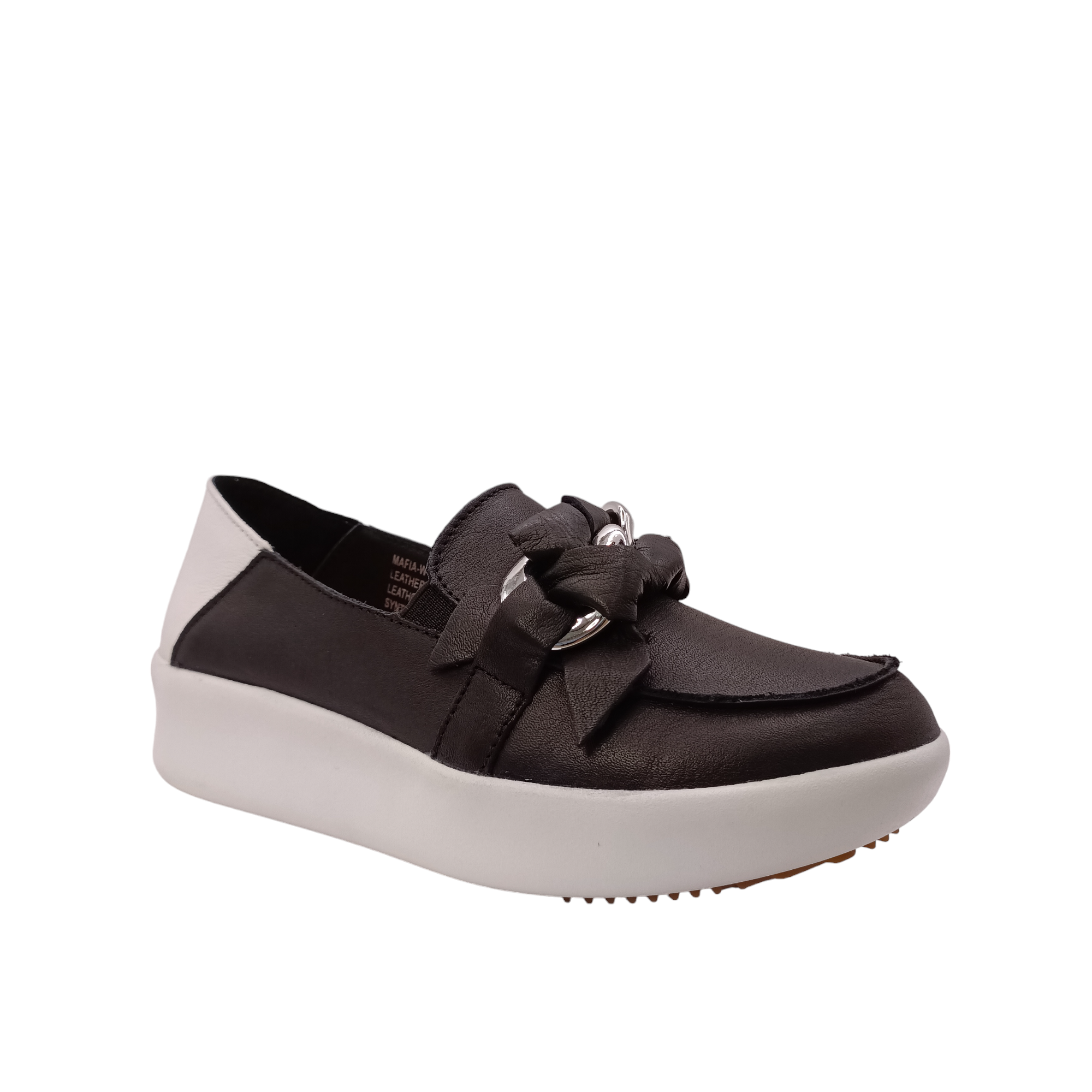 Side angled view of black slip on shoe called mafia from Alfie &amp; Evie. Black leather laced in silver chain decorating the top, white leather heel with a white sole. Shop Alfie &amp; Evie Womens Shoes online and In-Store with shoe&amp;me Mount Maunganui.