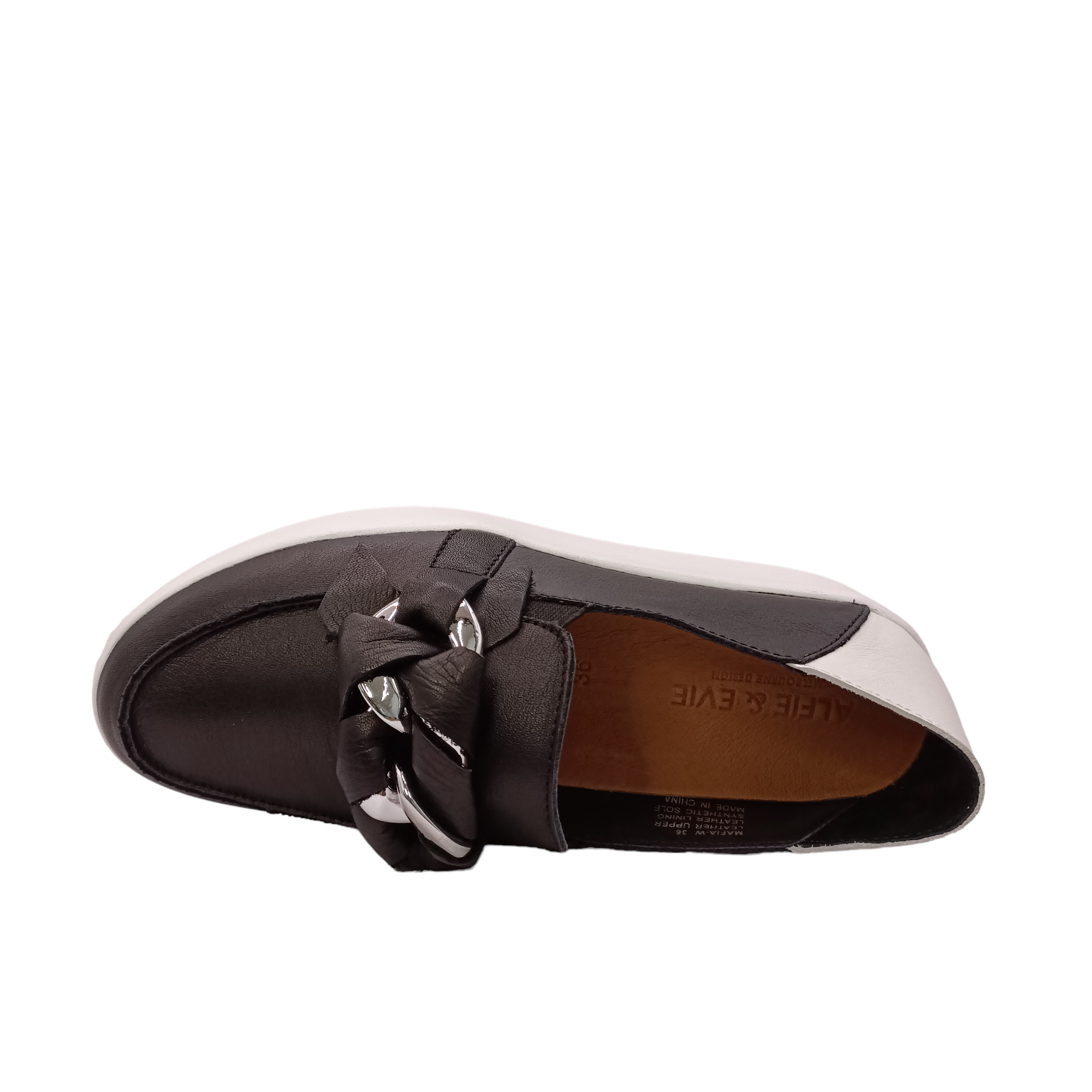 Top view of black slip on shoe called mafia from Alfie &amp; Evie. Black leather laced in silver chain decorating the top, white leather heel with a white sole. Shop Alfie &amp; Evie Womens Shoes online and In-Store with shoe&amp;me Mount Maunganui.