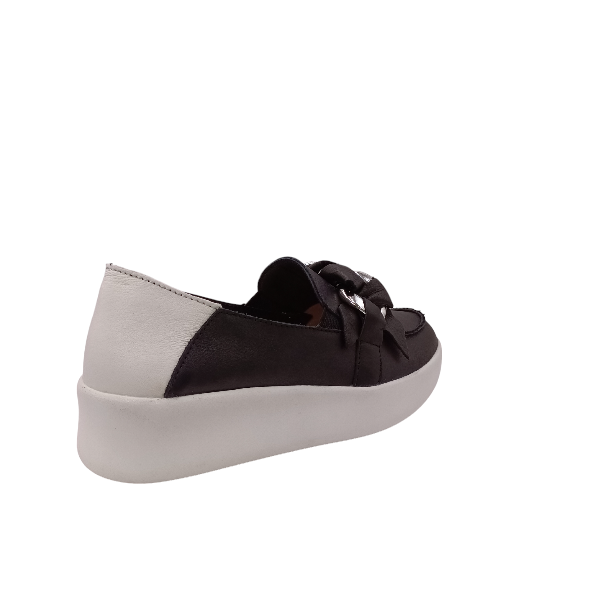 Back angled view of black slip on shoe called mafia from Alfie & Evie. Black leather laced in silver chain decorating the top, white leather heel with a white sole. Shop Alfie & Evie Womens Shoes online and In-Store with shoe&me Mount Maunganui.