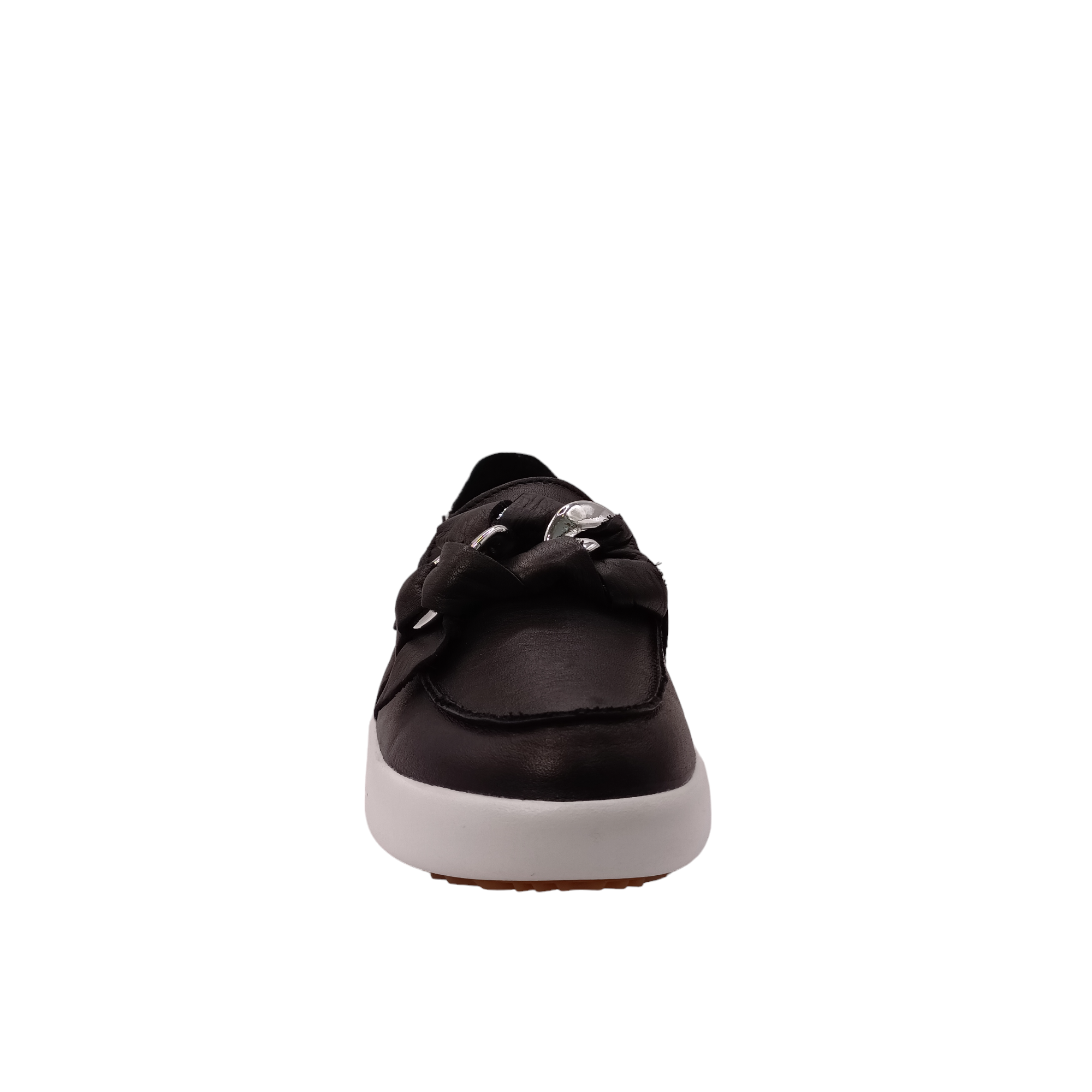 front view of black slip on shoe called mafia from Alfie &amp; Evie. Black leather laced in silver chain decorating the top, white leather heel with a white sole. Shop Alfie &amp; Evie Womens Shoes online and In-Store with shoe&amp;me Mount Maunganui.