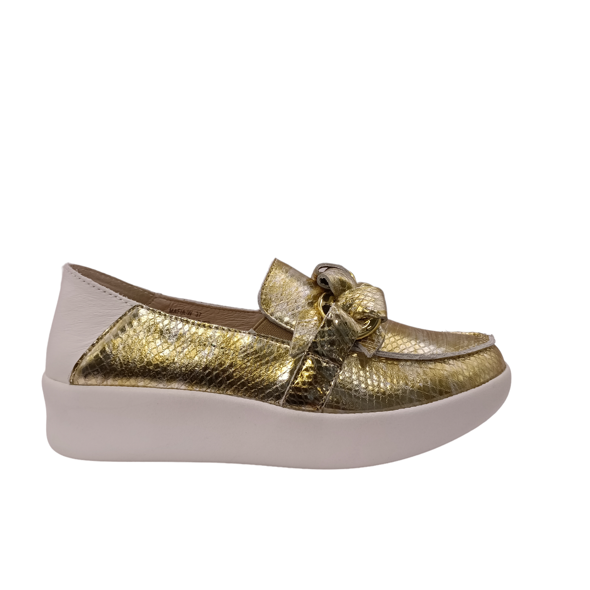 Side angled view of gold snakeskin leather slip on shoe called mafia from Alfie &amp; Evie. Black leather laced in silver chain decorating the top, white leather heel with a white sole. Shop Alfie &amp; Evie Womens Shoes online and In-Store with shoe&amp;me Mount Maunganui.