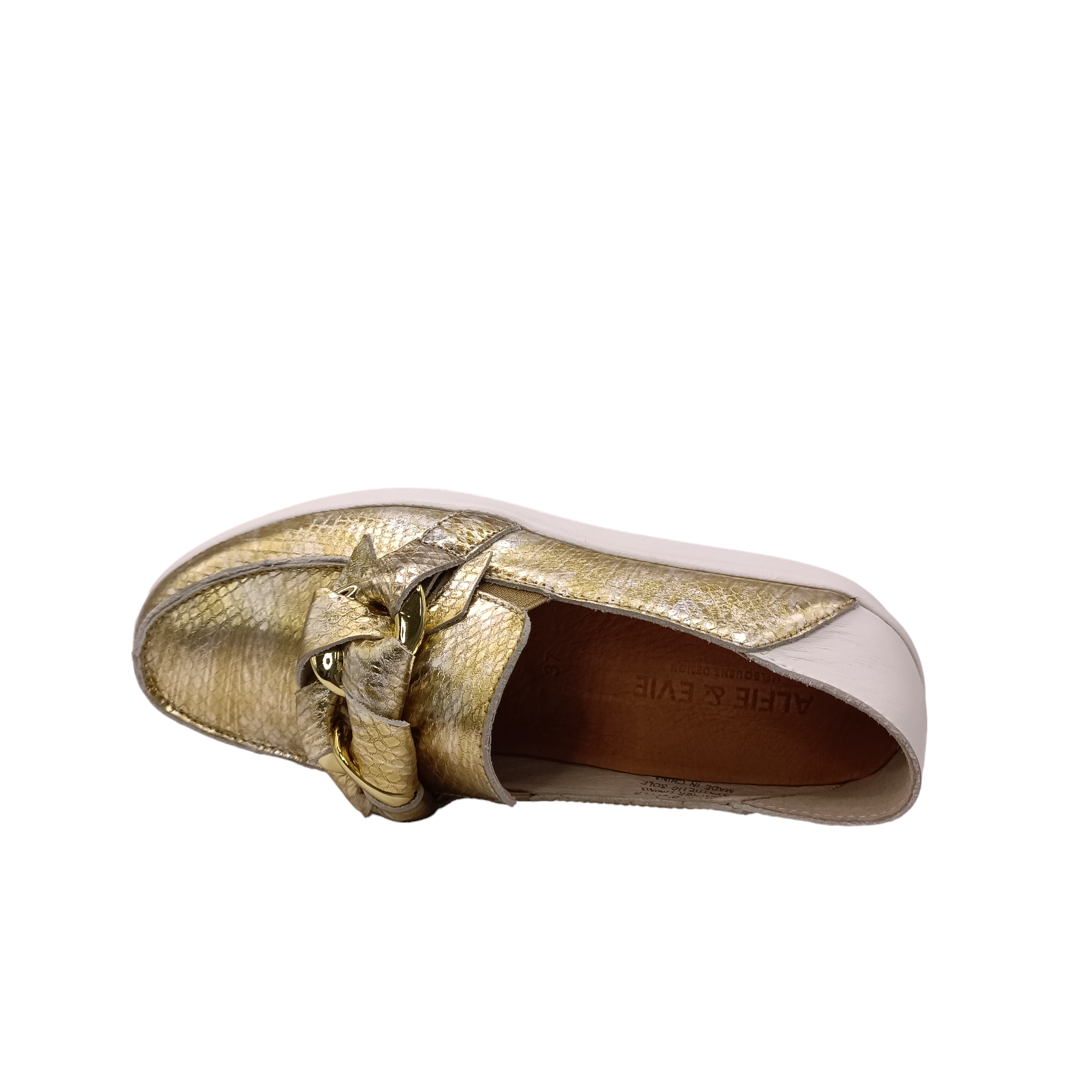 Top view of gold snakeskin leather slip on shoe called mafia from Alfie &amp; Evie. Black leather laced in silver chain decorating the top, white leather heel with a white sole. Shop Alfie &amp; Evie Womens Shoes online and In-Store with shoe&amp;me Mount Maunganui.