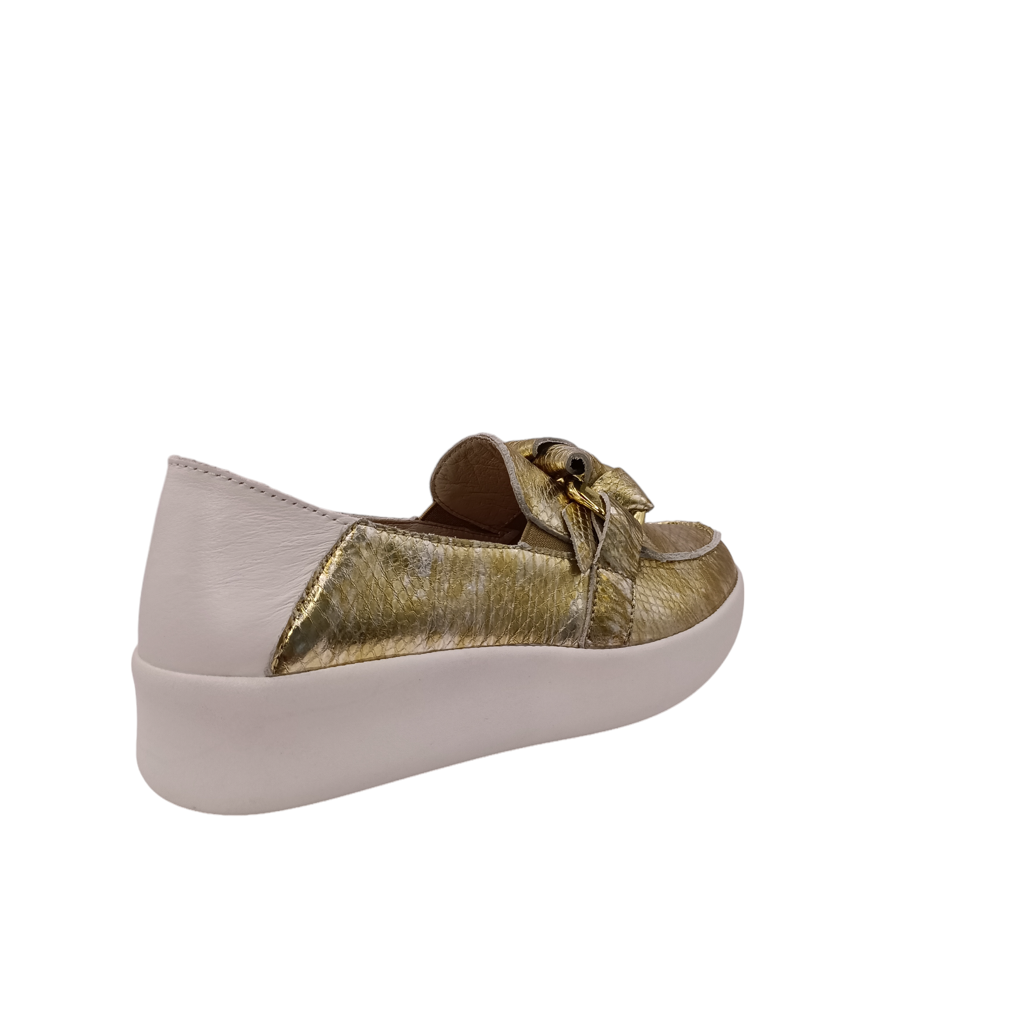 Heel view of gold snakeskin leather slip on shoe called mafia from Alfie &amp; Evie. Black leather laced in silver chain decorating the top, white leather heel with a white sole. Shop Alfie &amp; Evie Womens Shoes online and In-Store with shoe&amp;me Mount Maunganui.