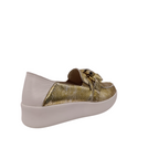 Heel view of gold snakeskin leather slip on shoe called mafia from Alfie & Evie. Black leather laced in silver chain decorating the top, white leather heel with a white sole. Shop Alfie & Evie Womens Shoes online and In-Store with shoe&me Mount Maunganui.