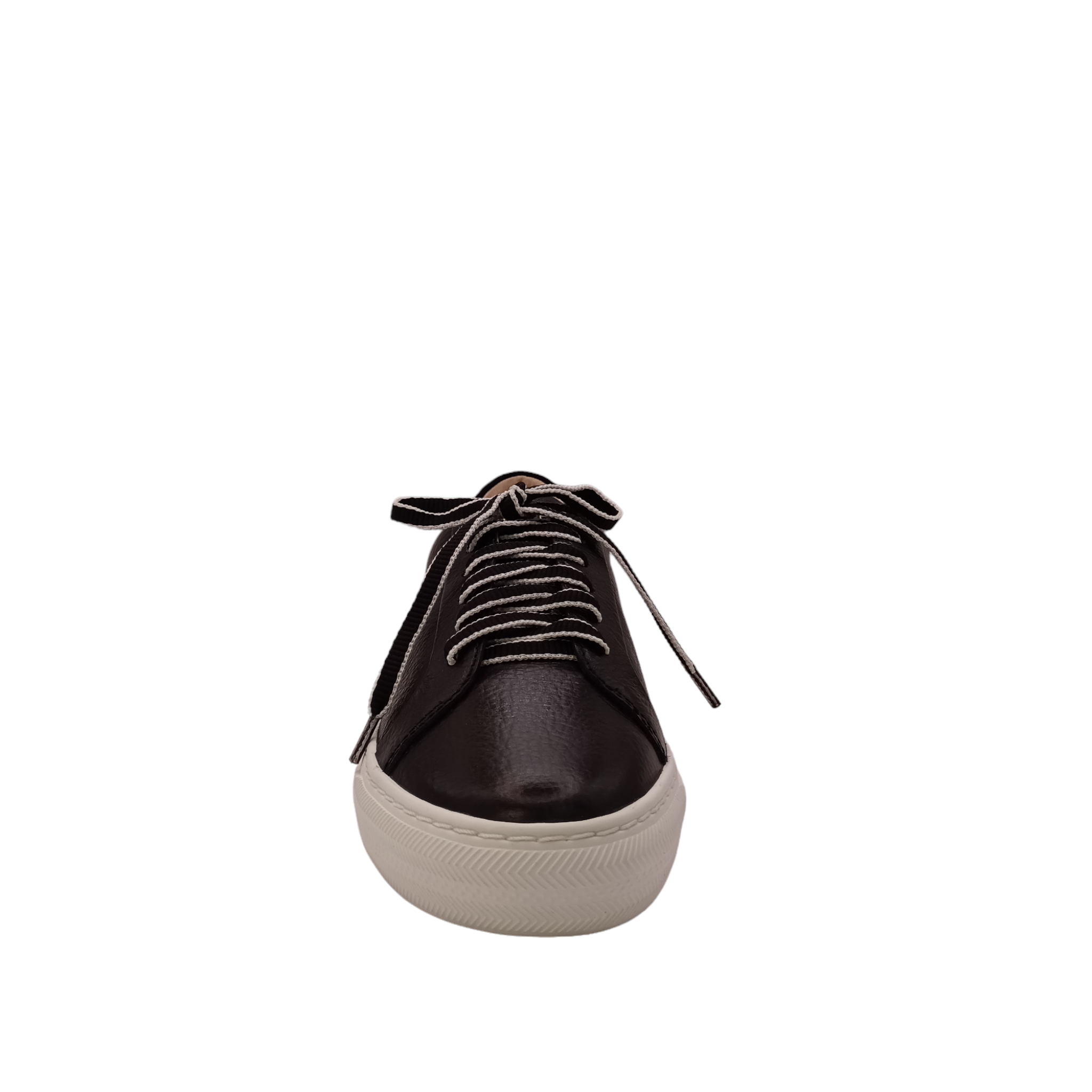 front view of Womens Frankie4 Black tumbled leather shoe with bright white sole and black laces with white edges. Shop Womens comfy and supportive sneakers, designed by podiatrists