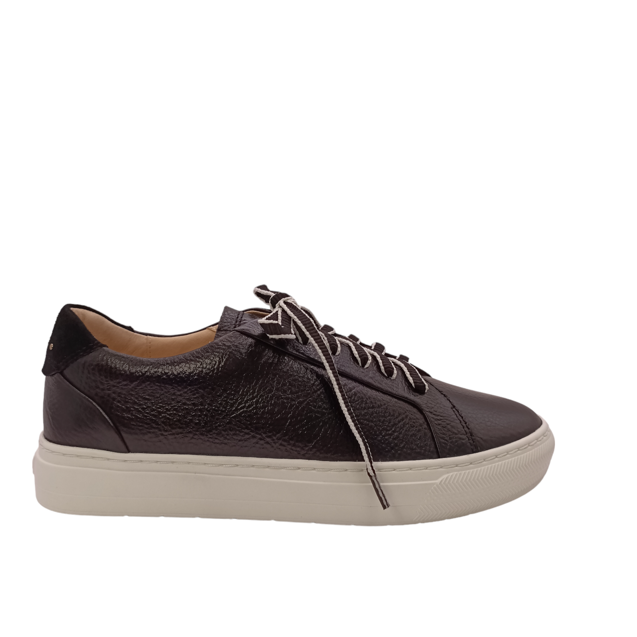 side view of Womens Frankie4 Black tumbled leather shoe with bright white sole and black laces with white edges. Shop Womens comfy and supportive sneakers, designed by podiatrists