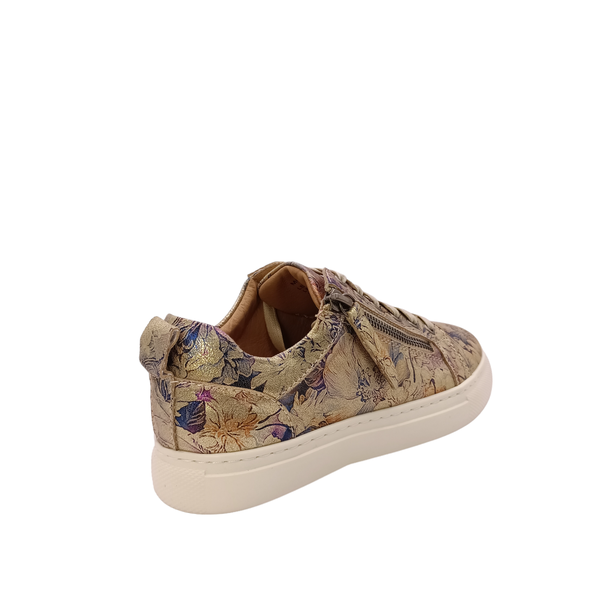 Gold sneaker with side zip. Leather printed floral design with blue, purple and burnt orange patterned floral design. Step into style and comfort with the stunning Cassini shoes. Featuring a unique floral and metallic pattern, these women&#39;s shoes offer the perfect blend of fashion and function. Cassini shoes are sure to become your new go-to for comfortable style