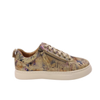 Gold sneaker with side zip. Leather printed floral design with blue, purple and burnt orange patterned floral design. Step into style and comfort with the stunning Cassini shoes. Featuring a unique floral and metallic pattern, these women's shoes offer the perfect blend of fashion and function. Cassini shoes are sure to become your new go-to for comfortable style