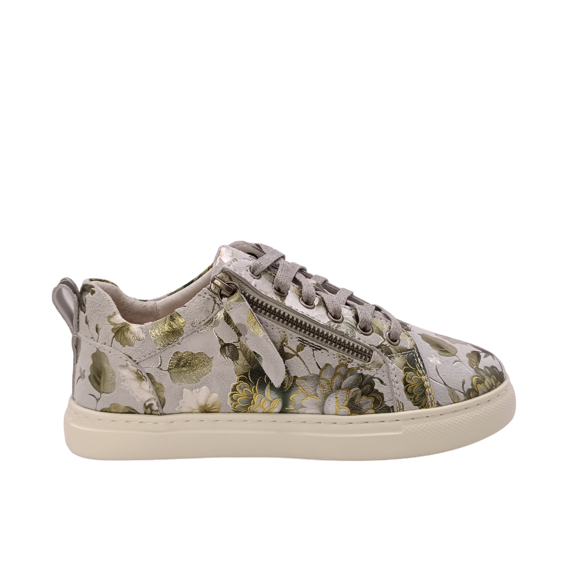 Silver sneaker with side zip. Leather printed with green and gold patterned floral design. Step into style and comfort with the stunning Cassini shoes. Featuring a unique floral and metallic pattern, these women&#39;s shoes offer the perfect blend of fashion and function. These&amp;nbsp;Cassini shoes are sure to become your new go-to for comfortable style