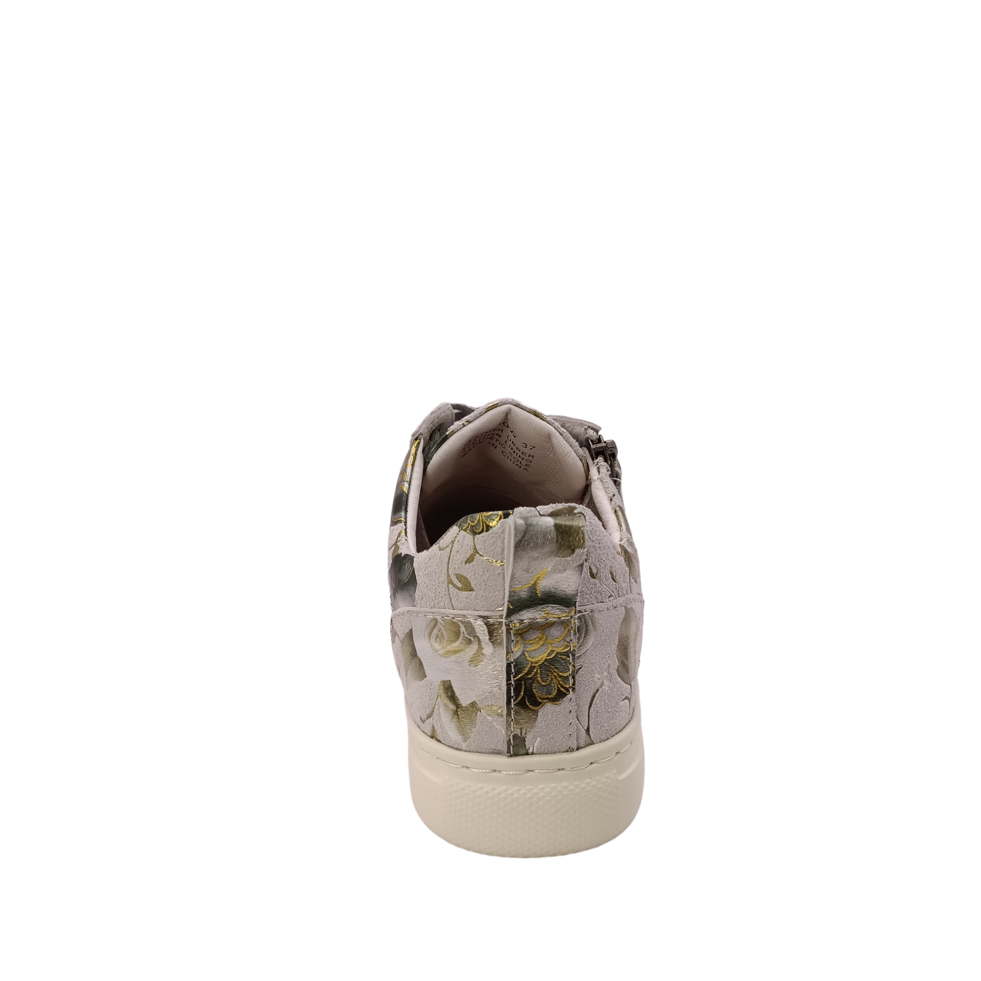 Silver sneaker with side zip. Leather printed with green and gold patterned floral design. Step into style and comfort with the stunning Cassini shoes. Featuring a unique floral and metallic pattern, these women&#39;s shoes offer the perfect blend of fashion and function. These&amp;nbsp;Cassini shoes are sure to become your new go-to for comfortable style