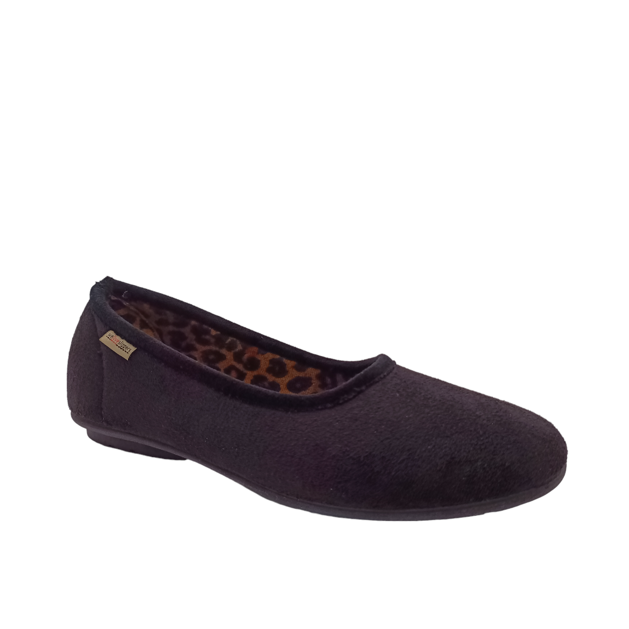Side angle view of black Nuzzle Slippers with leopard print lining. Shop Womens Slippers and Shoes Online and In-store with shoe&me.