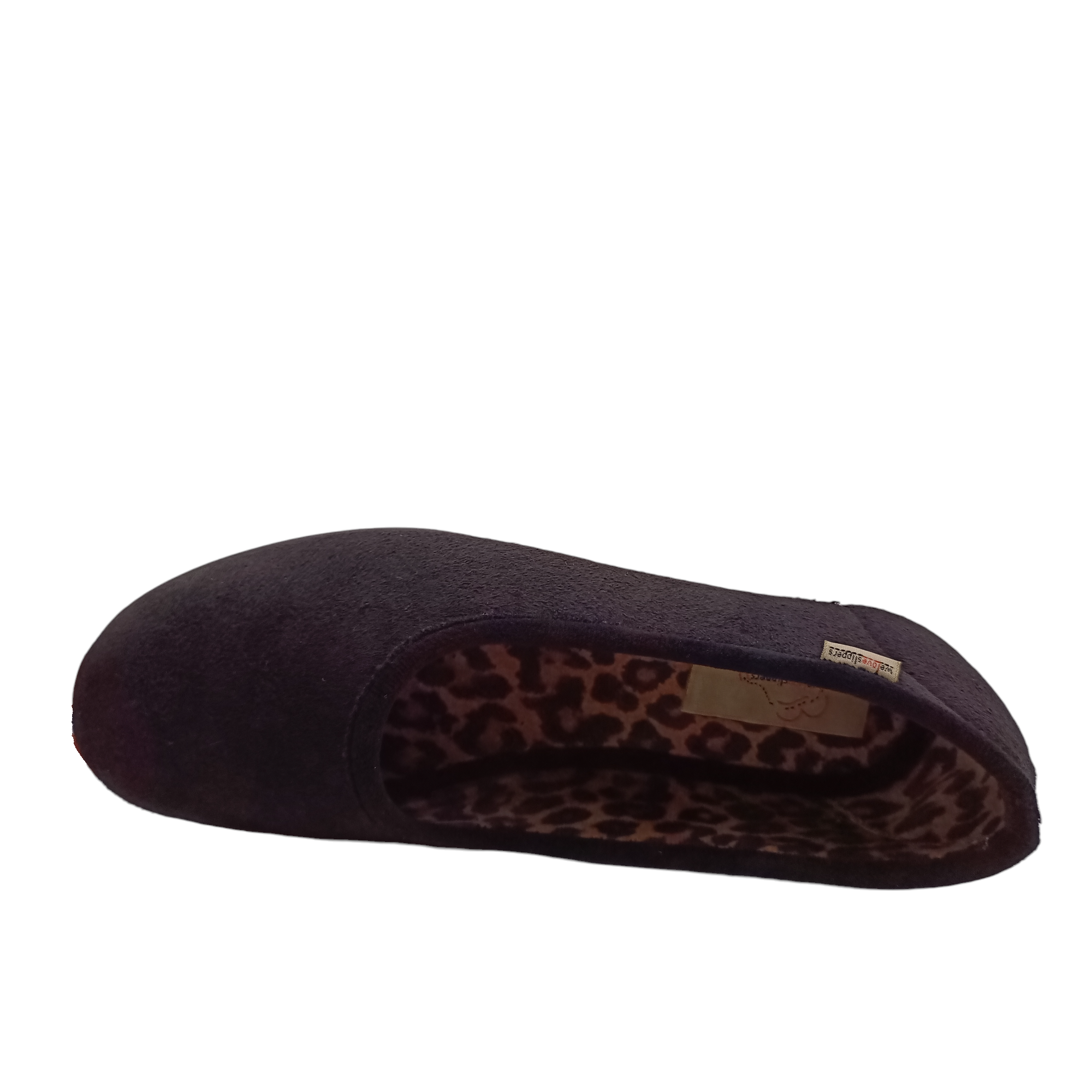 Top view of black Nuzzle Slippers with leopard print lining. Shop Womens Slippers and Shoes Online and In-store with shoe&amp;me.