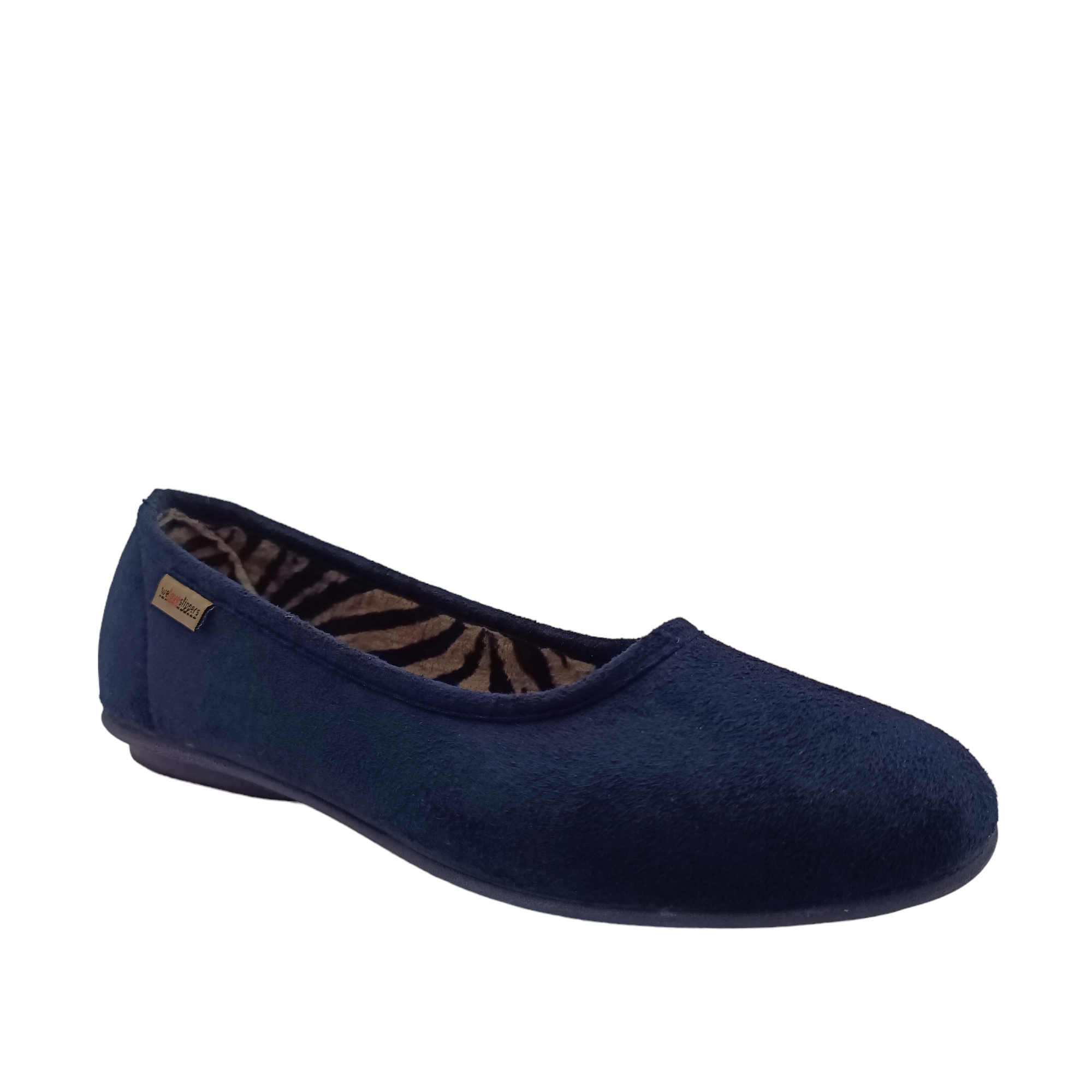 Front view of navy Nuzzle Slippers with leopard print lining. Shop Womens Slippers and Shoes Online and In-store with shoe&amp;me.