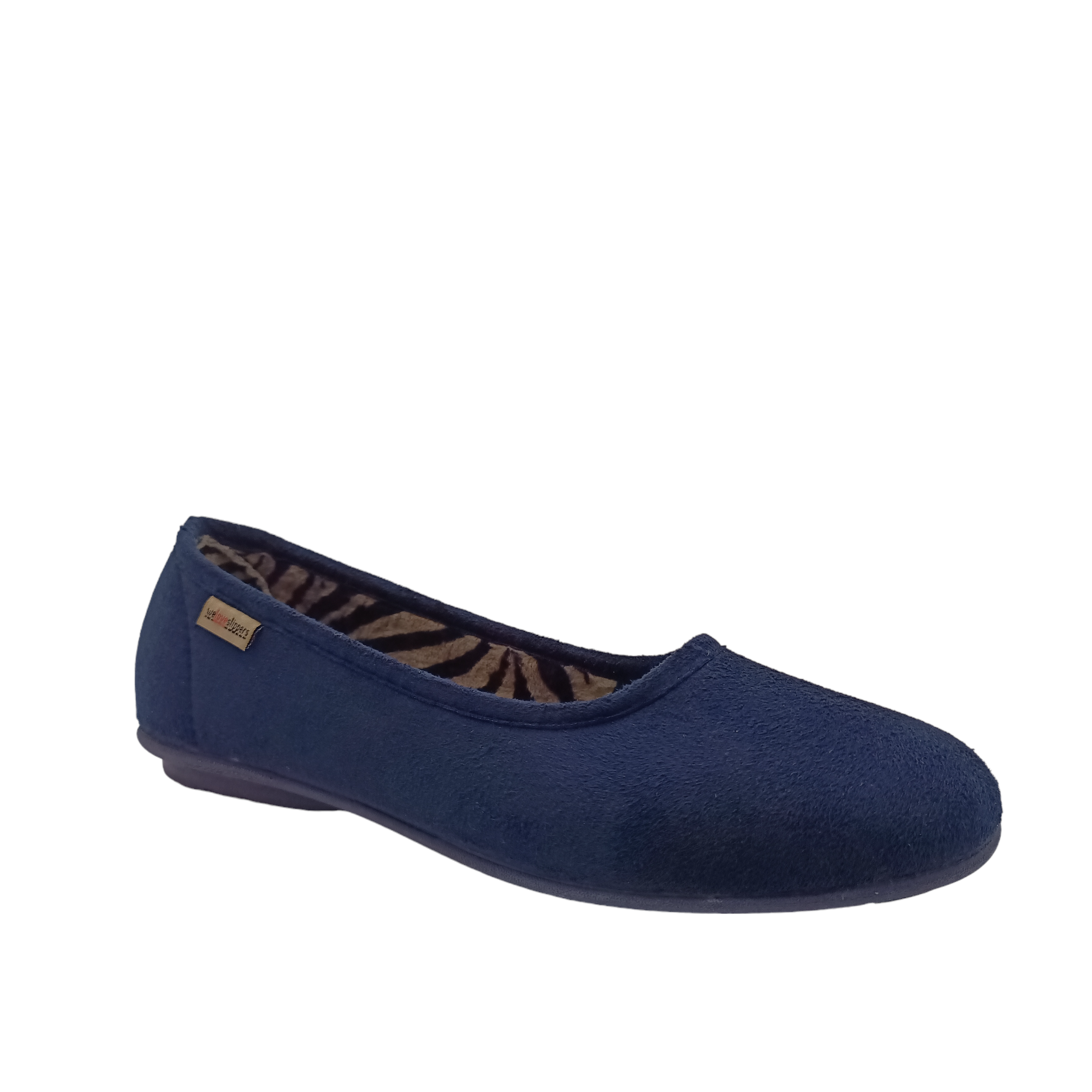 Front view of navy Nuzzle Slippers with zebra print lining. Shop Womens Slippers and Shoes Online and In-store with shoe&me.