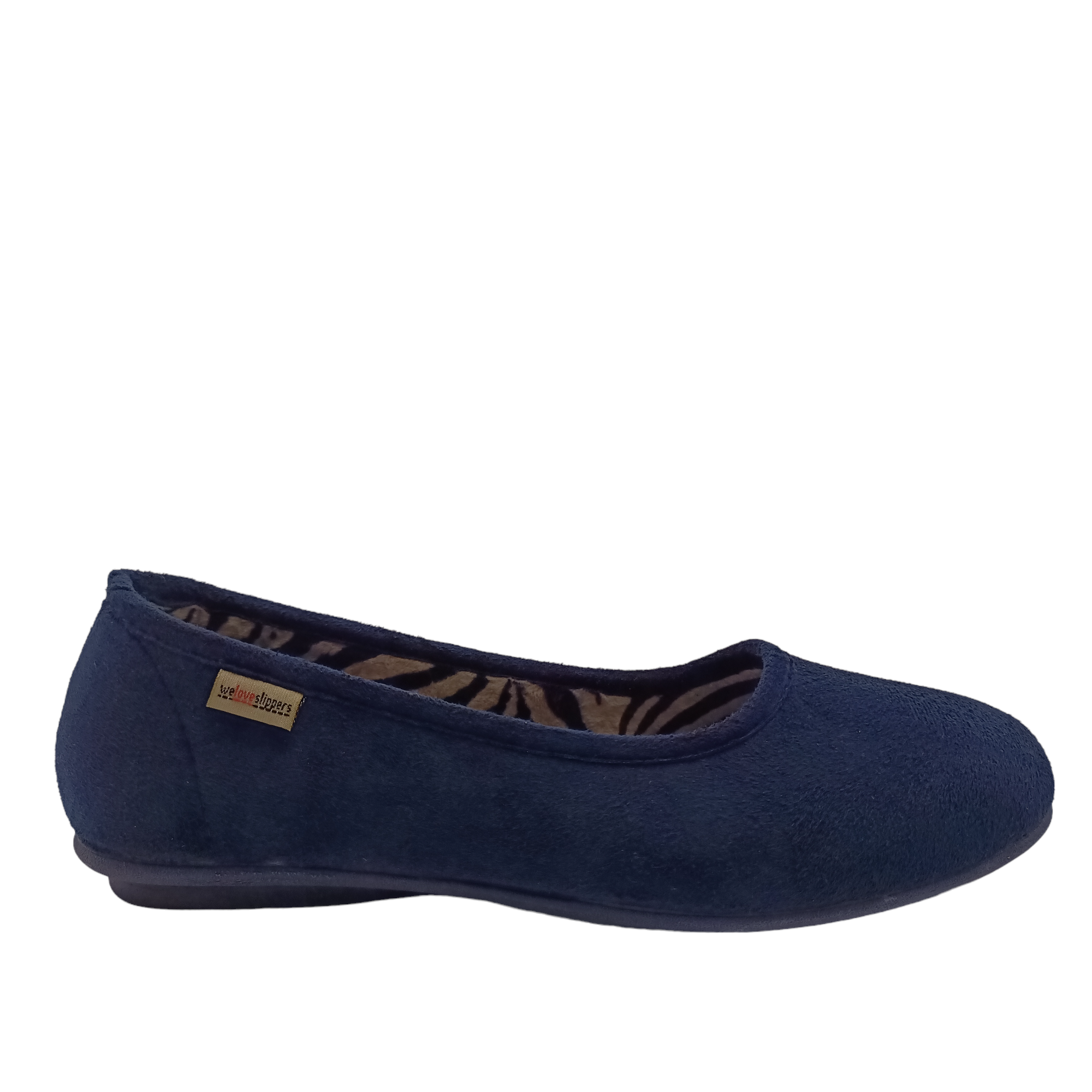 Front view of navy Nuzzle Slippers with zebra print lining. Shop Womens Slippers and Shoes Online and In-store with shoe&me.