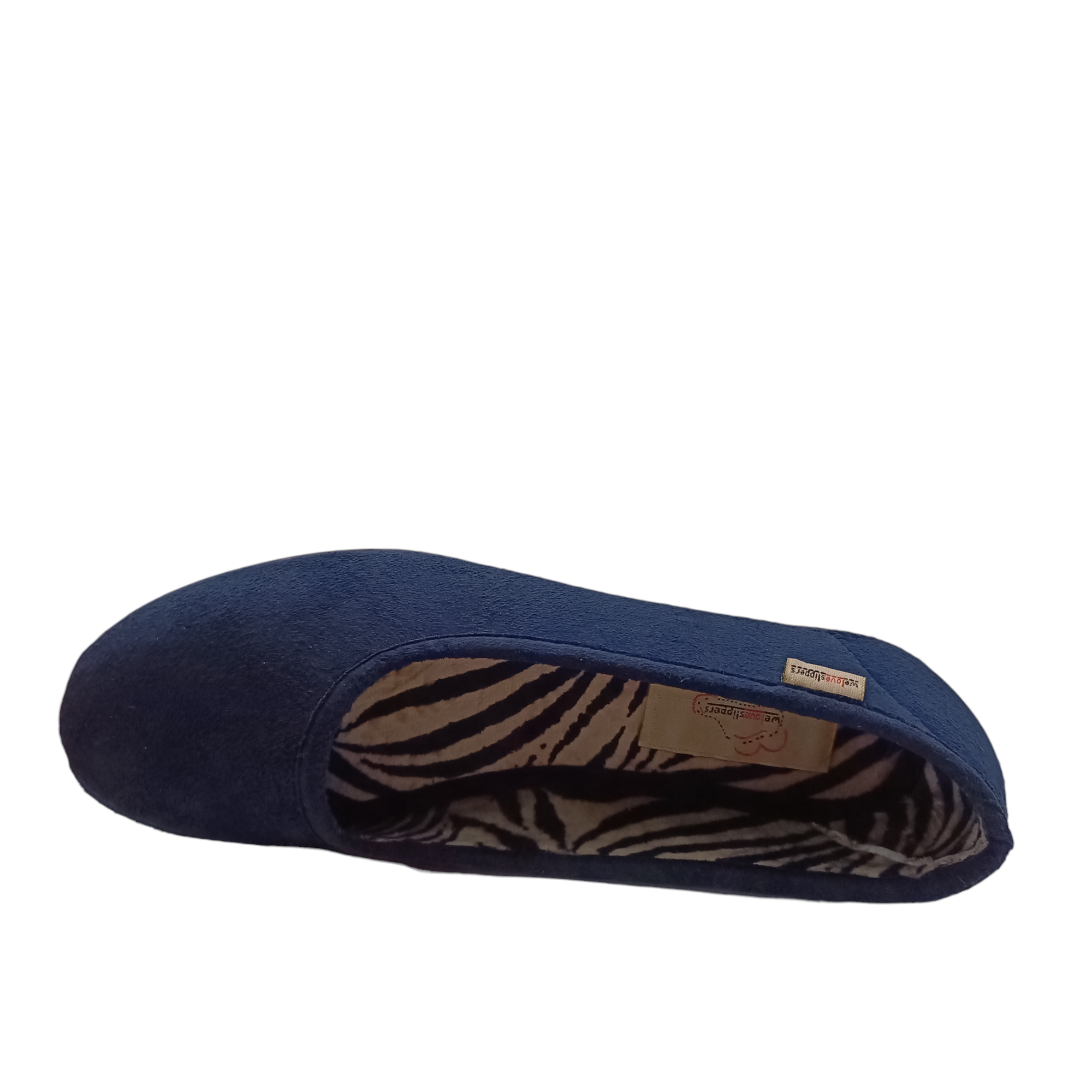 Top view of navy Nuzzle Slippers with zebra print lining. Shop Womens Slippers and Shoes Online and In-store with shoe&amp;me.
