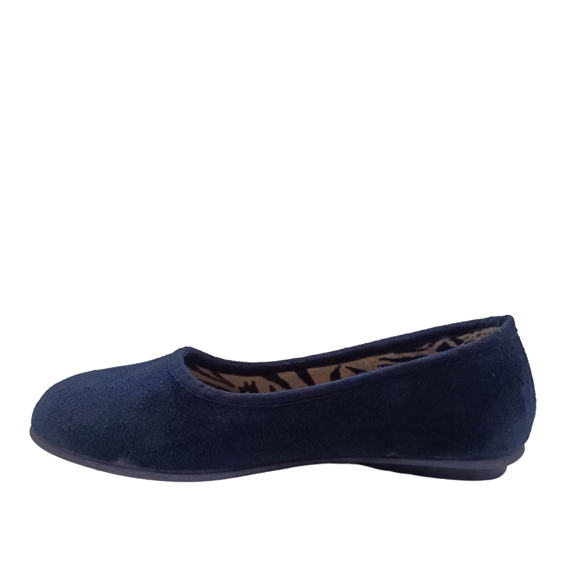 Side view of navy Nuzzle Slippers with zebra print lining. Shop Womens Slippers and Shoes Online and In-store with shoe&amp;me.