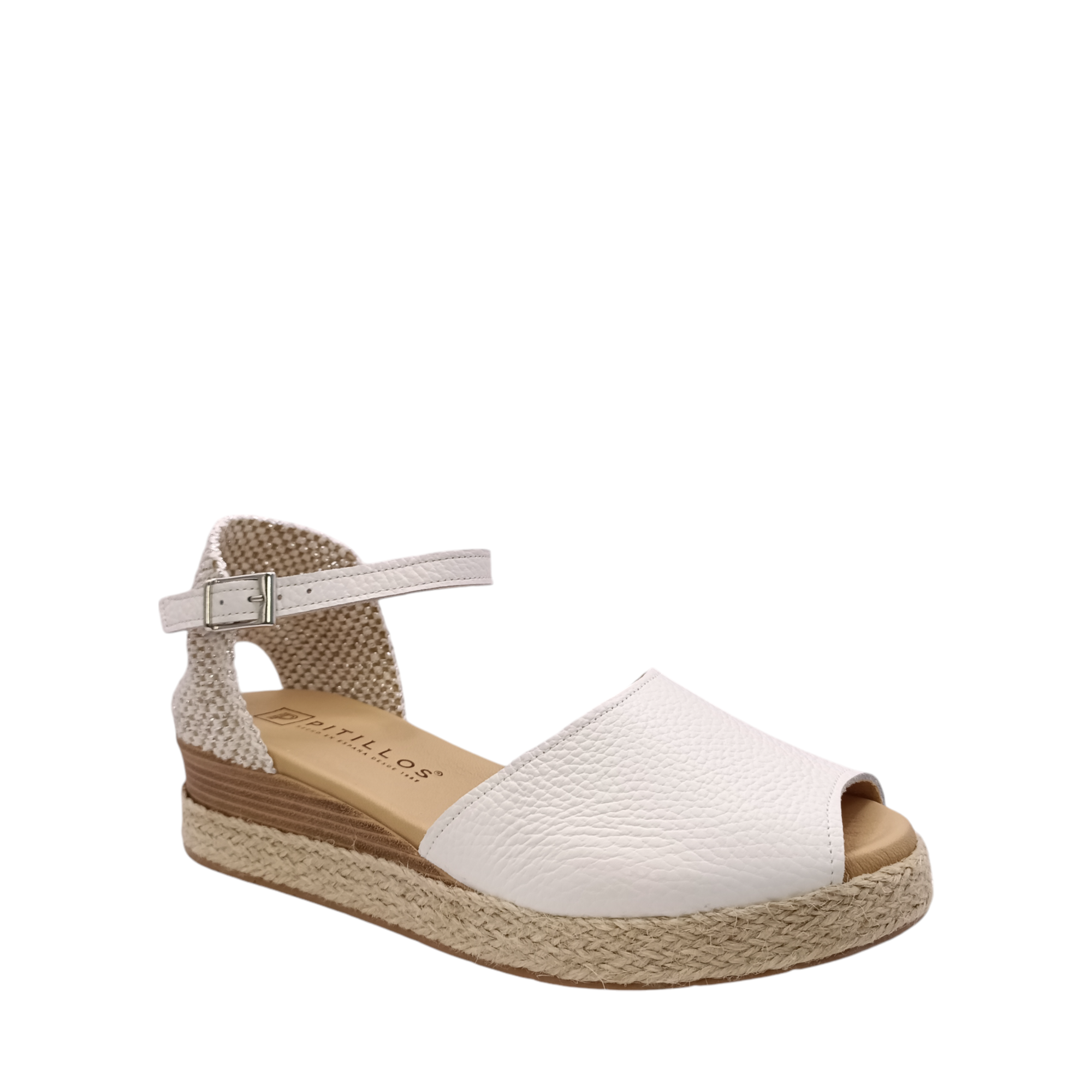 Front angled side view of 5532 Pitillos Wedge Sandal with leather upper and a white leather ankle adjustable strap. A woven material closed in heel. Shop online and in-store with shoe&me Mount Maunganui 