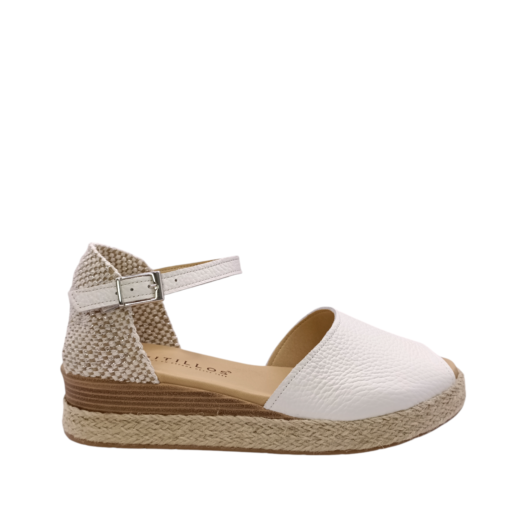 Side view of 5532 Pitillos Wedge Sandal with leather upper and a white leather ankle adjustable strap. A woven material closed in heel. Shop online and in-store with shoe&me Mount Maunganui 