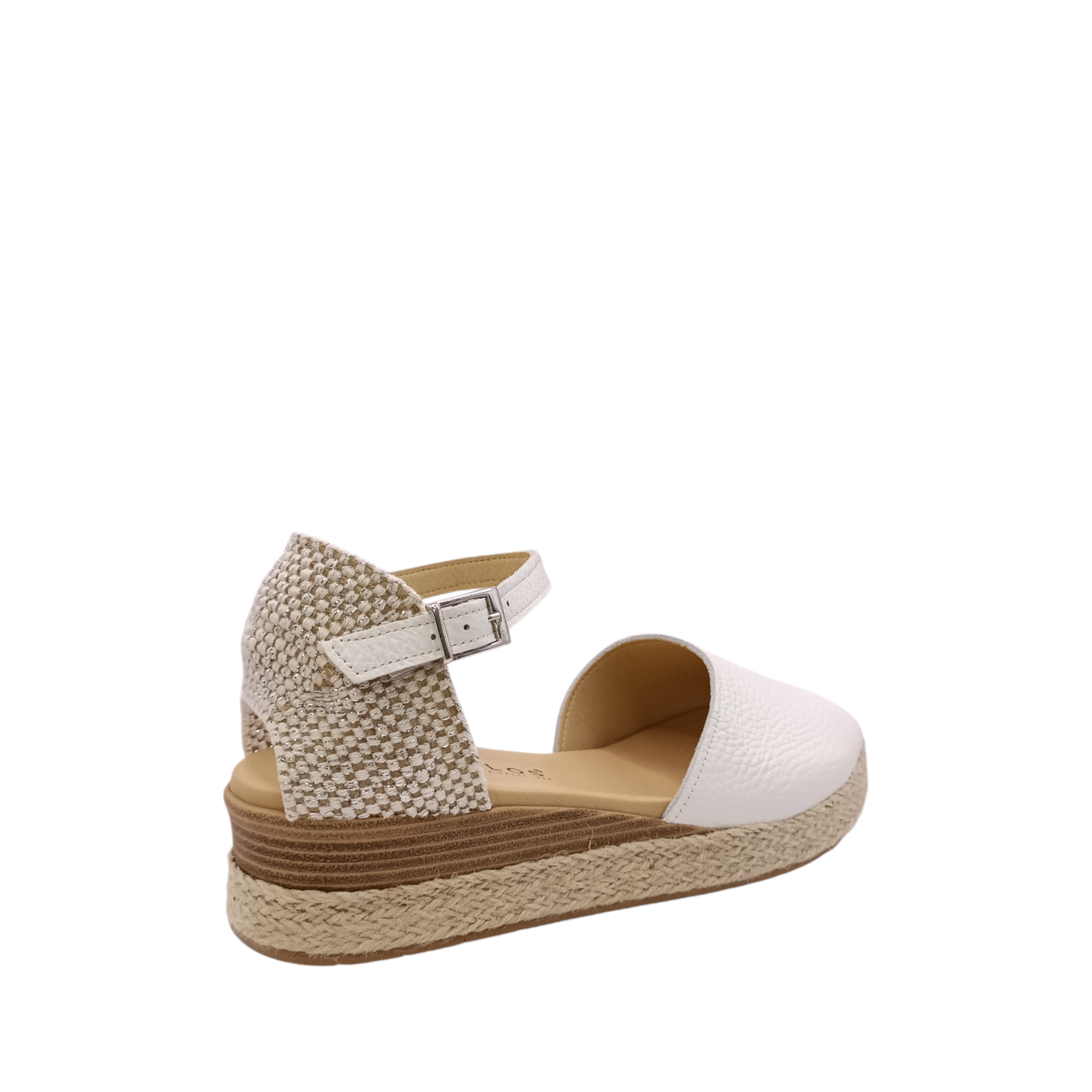 Back angle view of 5532 Pitillos Wedge Sandal with leather upper and a white leather ankle adjustable strap. A woven material closed in heel. Shop online and in-store with shoe&me Mount Maunganui 