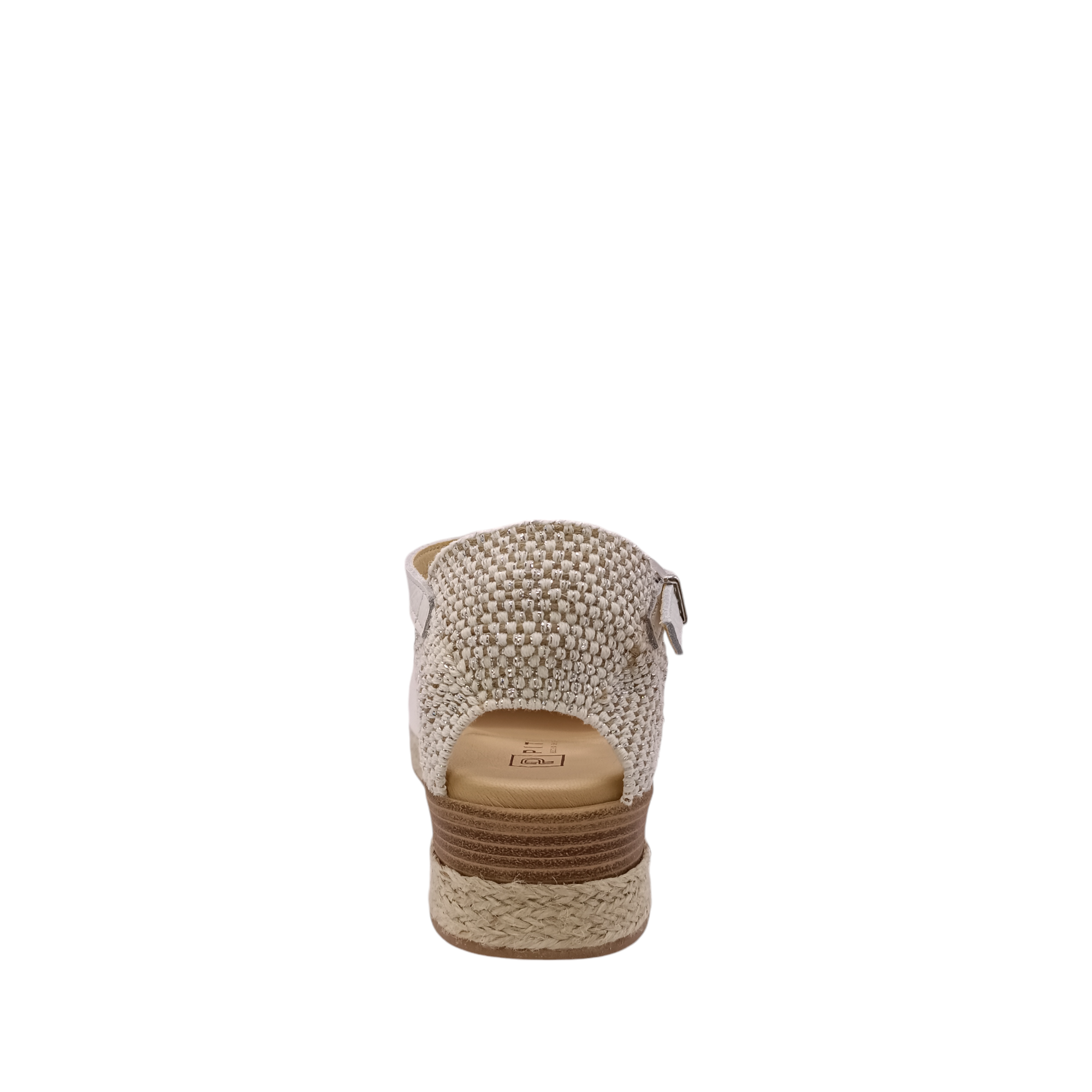 Back view of 5532 Pitillos Wedge Sandal with leather upper and a white leather ankle adjustable strap. A woven material closed in heel. Shop online and in-store with shoe&me Mount Maunganui 