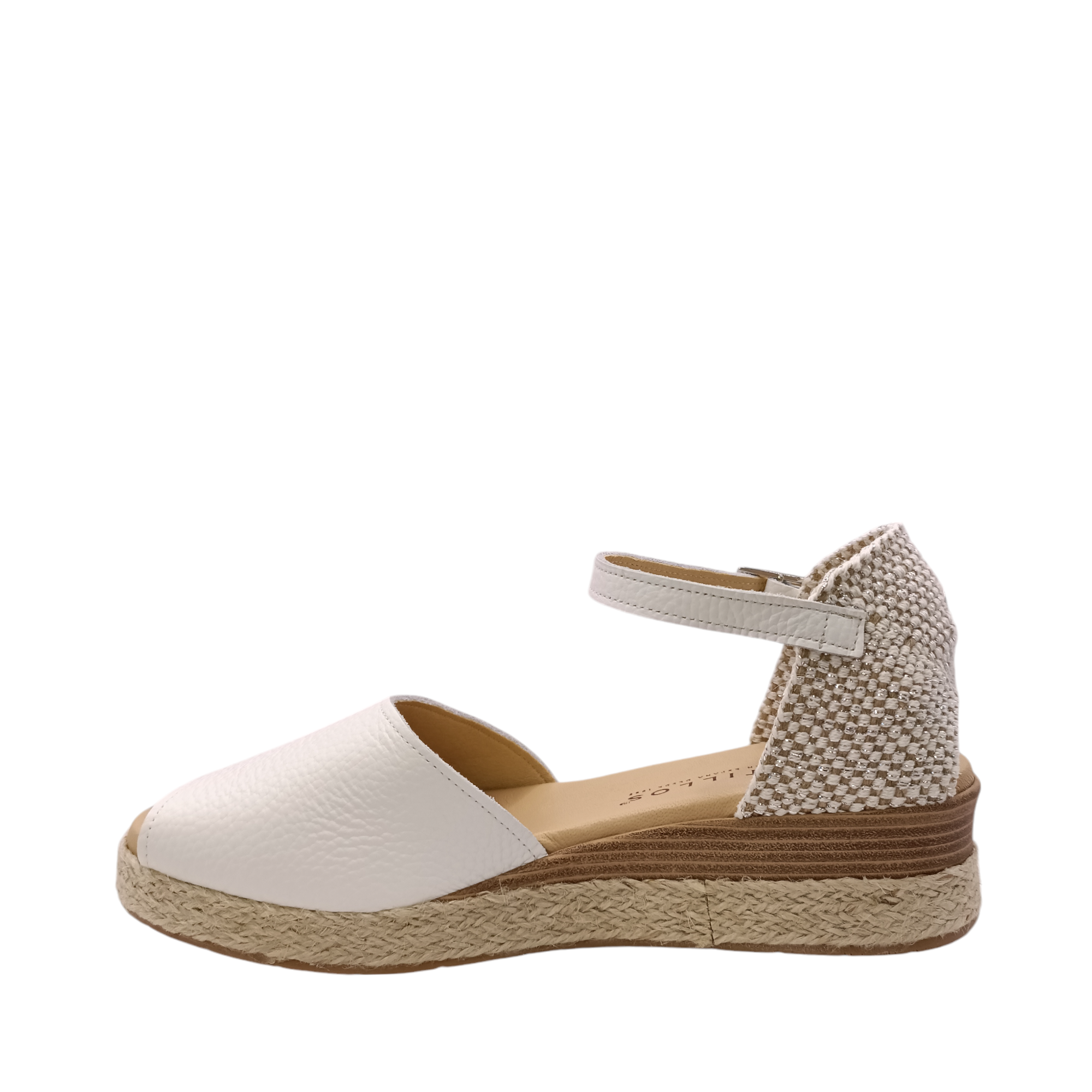 inner-side view of 5532 Pitillos Wedge Sandal with leather upper and a white leather ankle adjustable strap. A woven material closed in heel. Shop online and in-store with shoe&me Mount Maunganui .