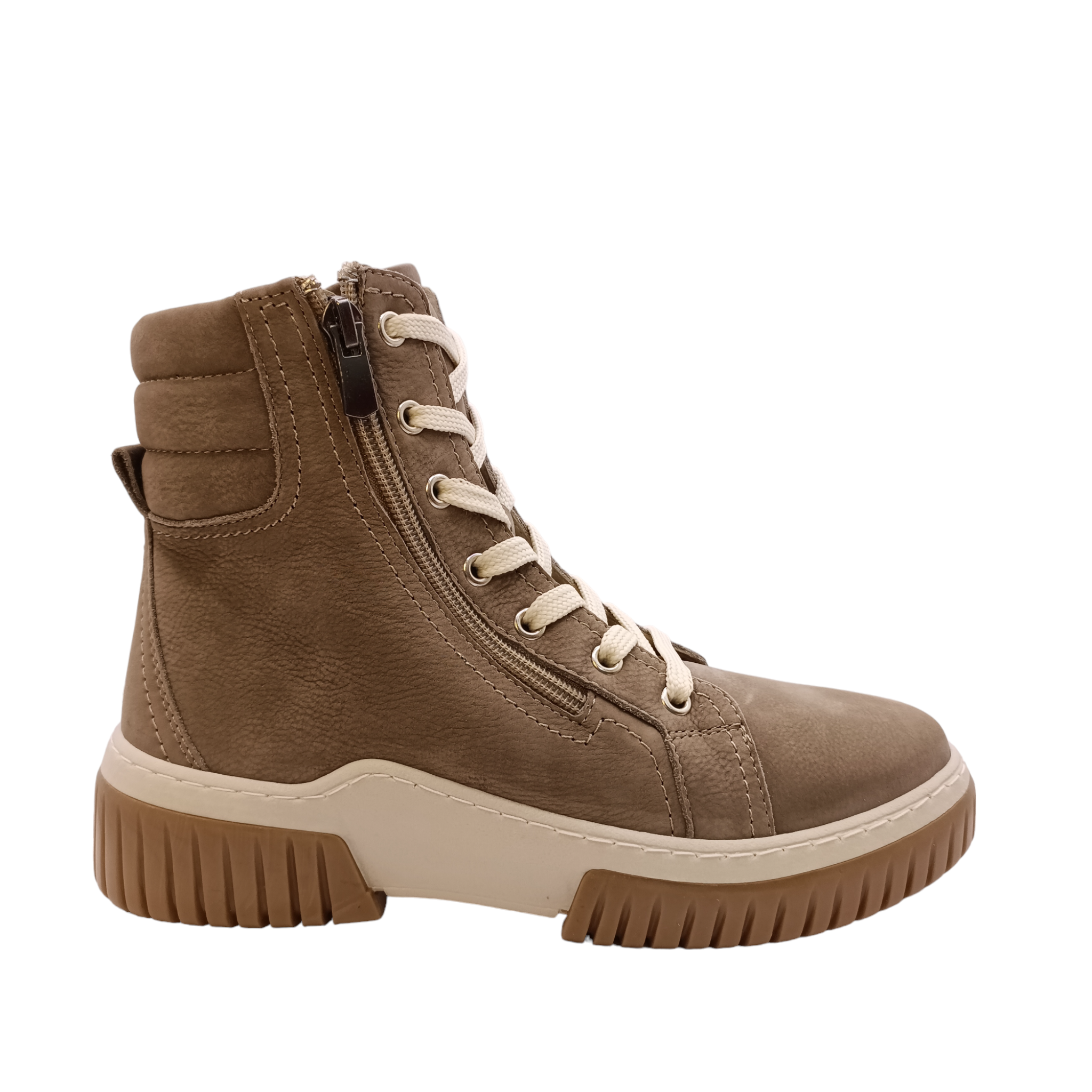 Side angled view of the boot Petra from Cabello. Soft Turkish taupe coloured leather boot with side zip and light coloured sole and laces. Padded ankle with ruggered grip. Shop Womens Boots Online and In-store with shoe&amp;me Mount Maunganui Tauranga NZ.