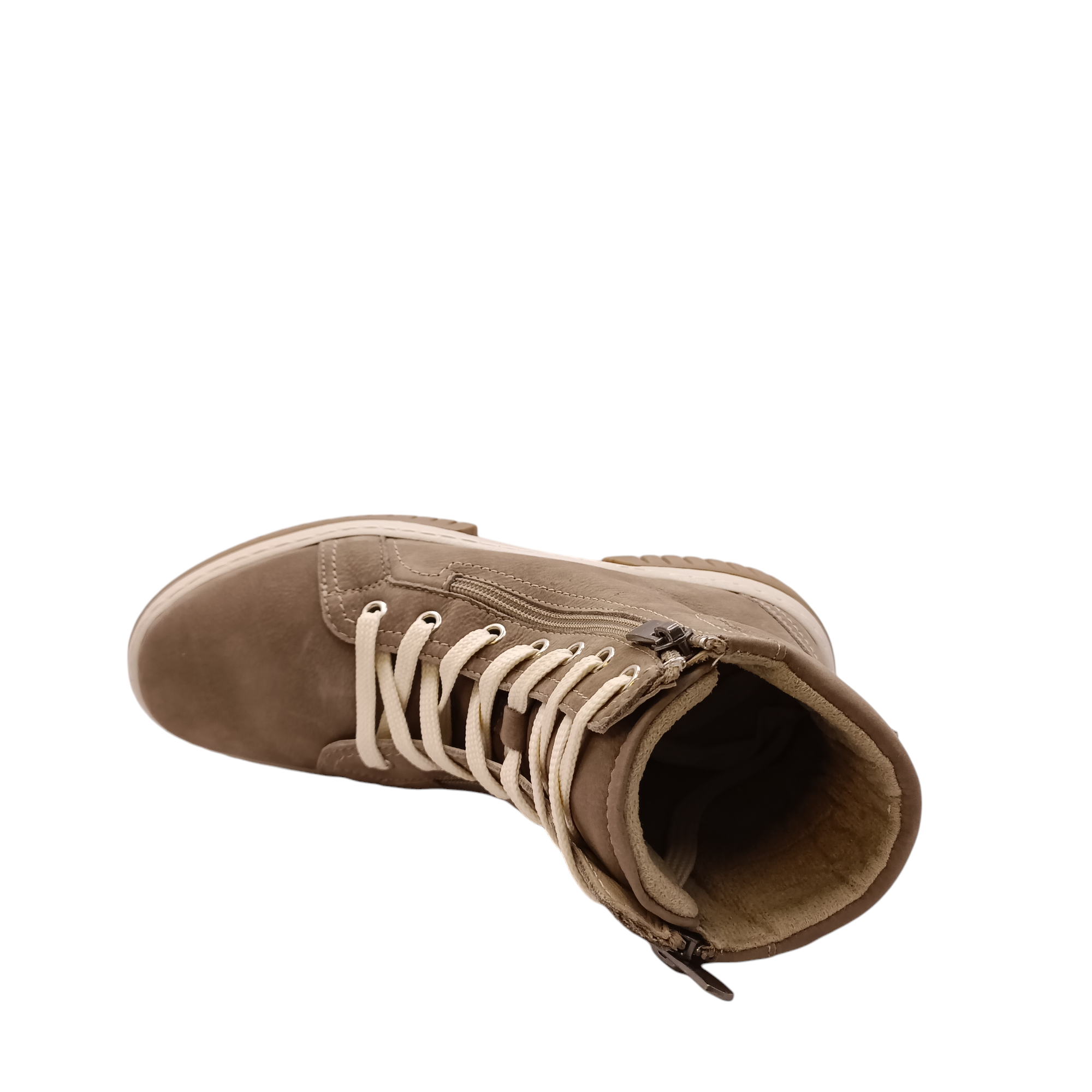 Top view of the boot Petra from Cabello. Soft Turkish taupe coloured leather boot with side zip and light coloured sole and laces. Padded ankle with ruggered grip. Shop Womens Boots Online and In-store with shoe&me Mount Maunganui Tauranga NZ.