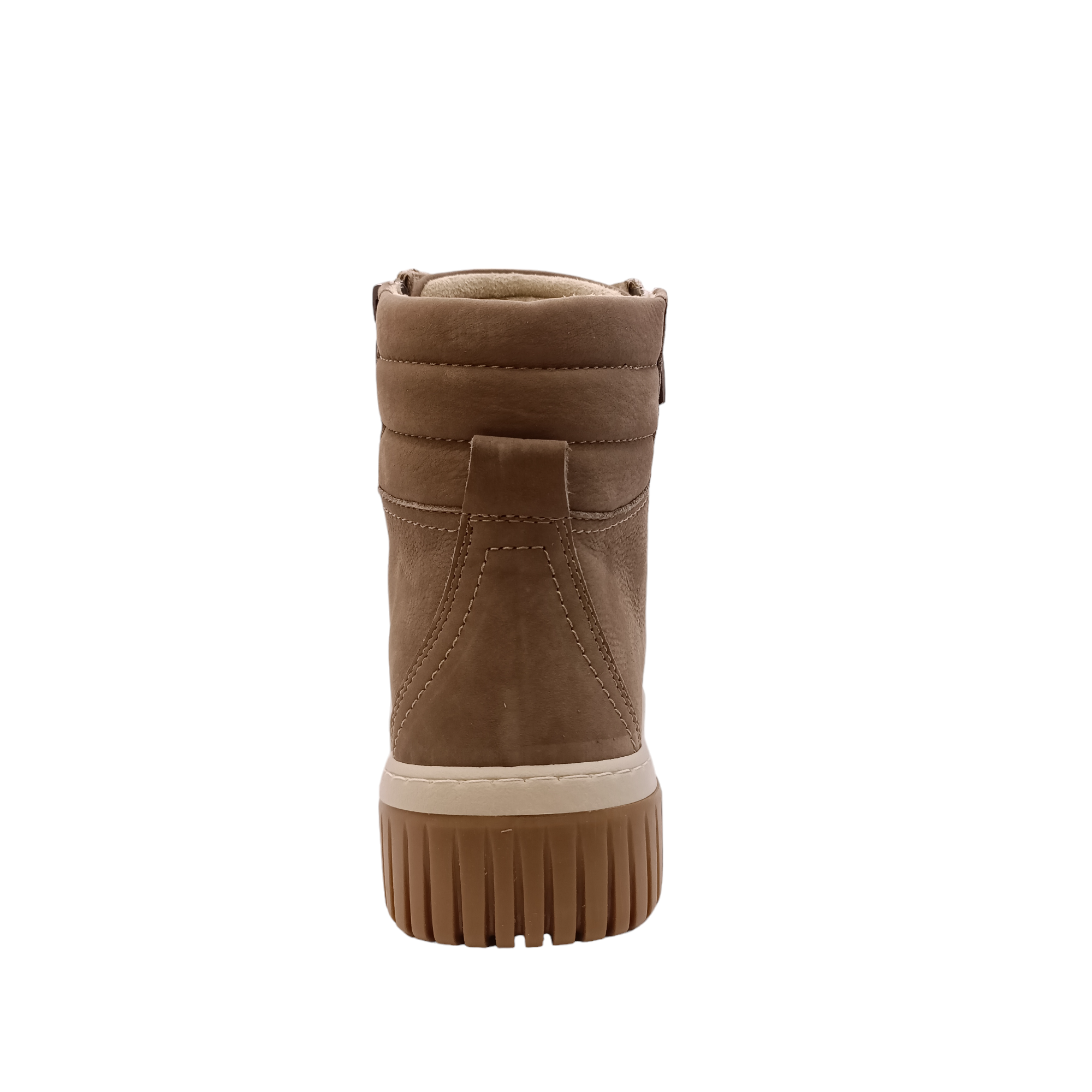 back view of the boot Petra from Cabello. Soft Turkish taupe coloured leather boot with side zip and light coloured sole and laces. Padded ankle with ruggered grip. Shop Womens Boots Online and In-store with shoe&me Mount Maunganui Tauranga NZ.